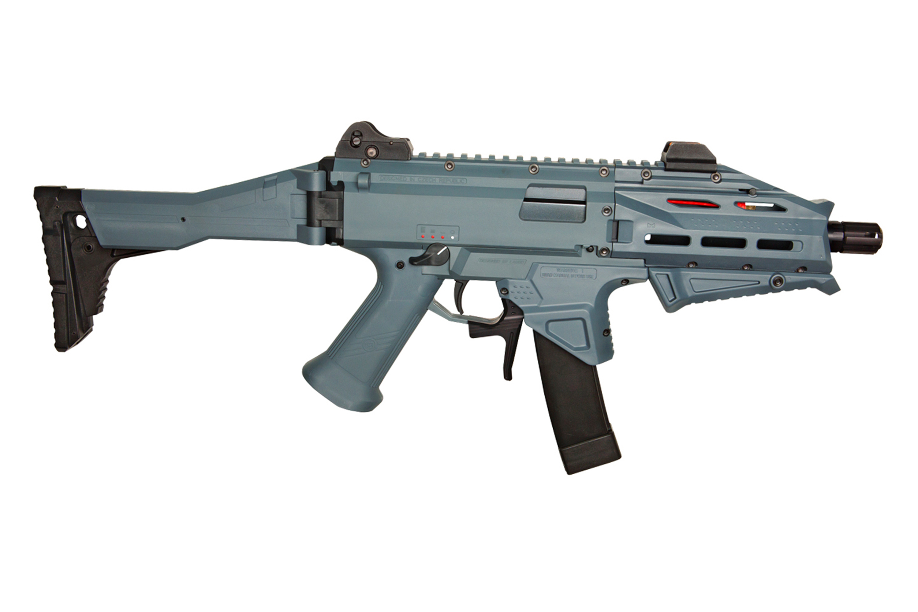 Graue Airsoft-Maschinenpistole CZ Scorpion EVO 3 A1 mit schwarzem Schaft, Magazin und taktischem Schienensystem auf weißem Hintergrund.
