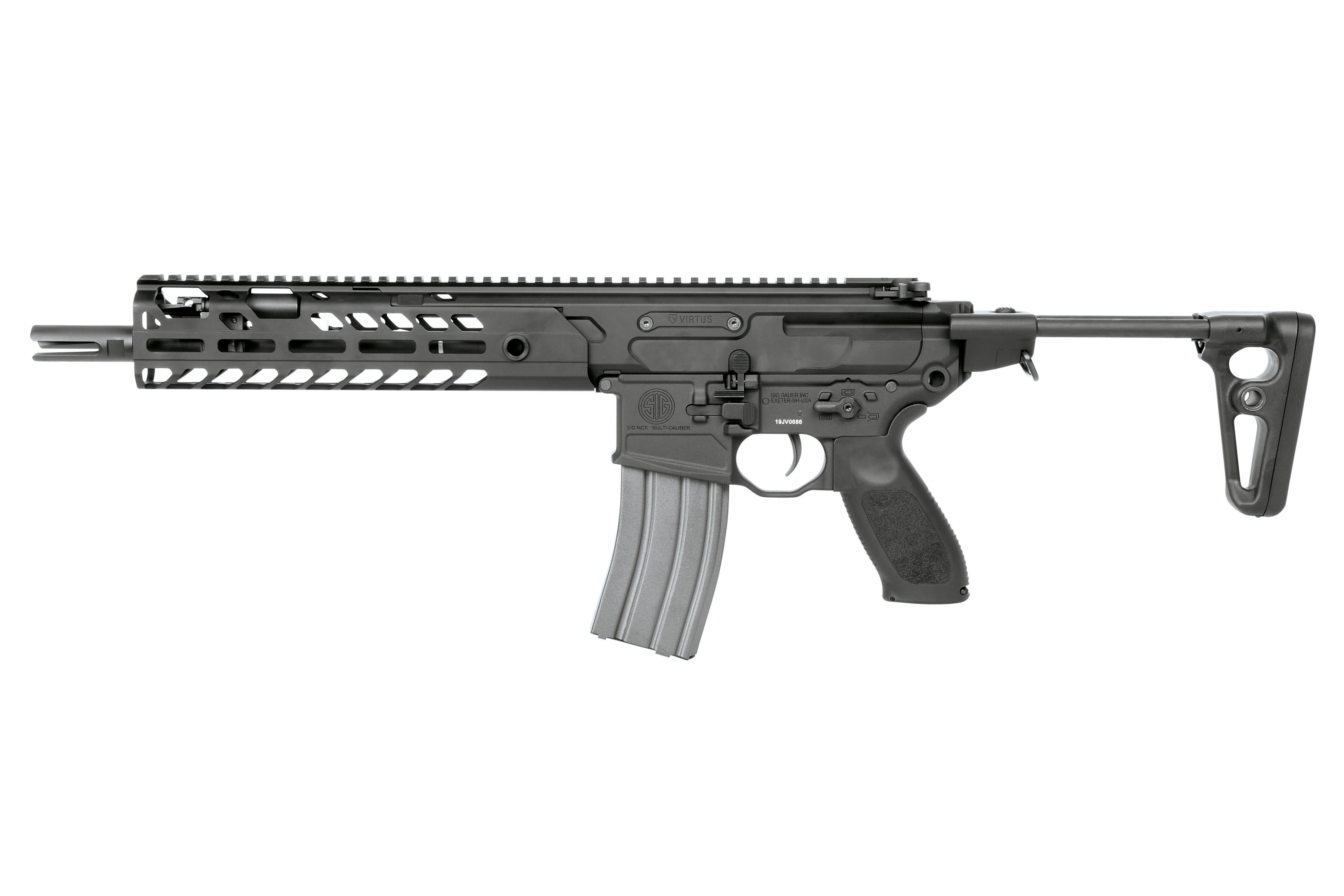 Sig Sauer MCX Virtus Luftgewehr in Schwarz mit modularem Handschutz, Metallmagazin und verstellbarem Schaft.