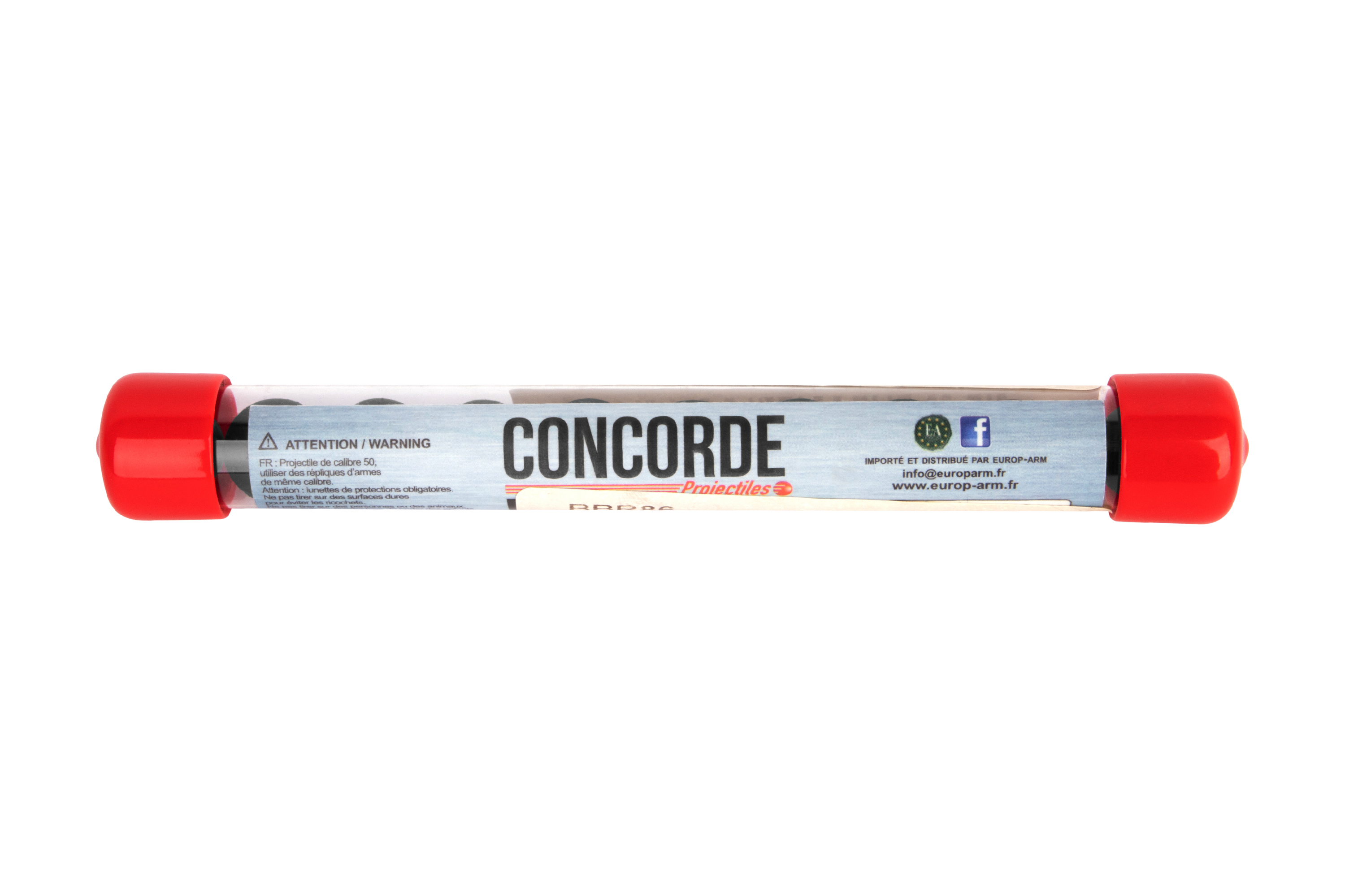 Concorde Kaliber 50 Projektile in einer durchsichtigen Kunststoffröhre mit roten Endkappen für Luftgewehre und Schusswaffenzubehör.