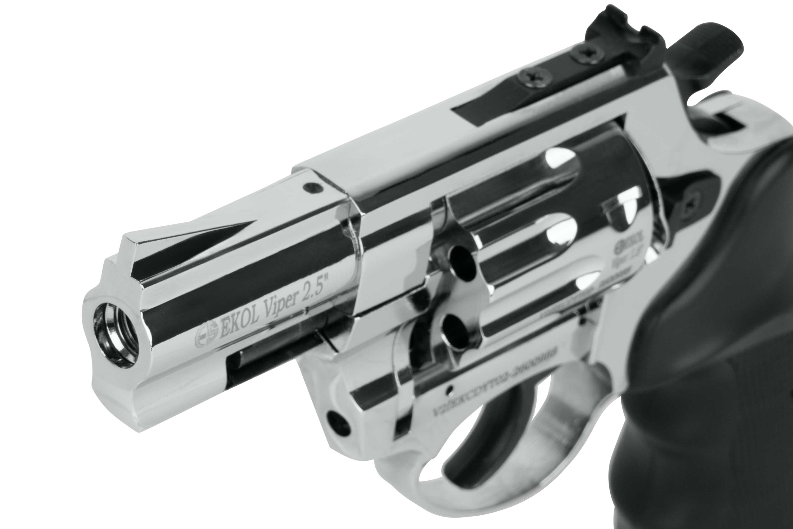 Glänzend verchromter EKOL Viper 2,5-Zoll-Schreckschussrevolver mit schwarzem Griff, aufgenommen aus einer seitlichen Draufsicht.