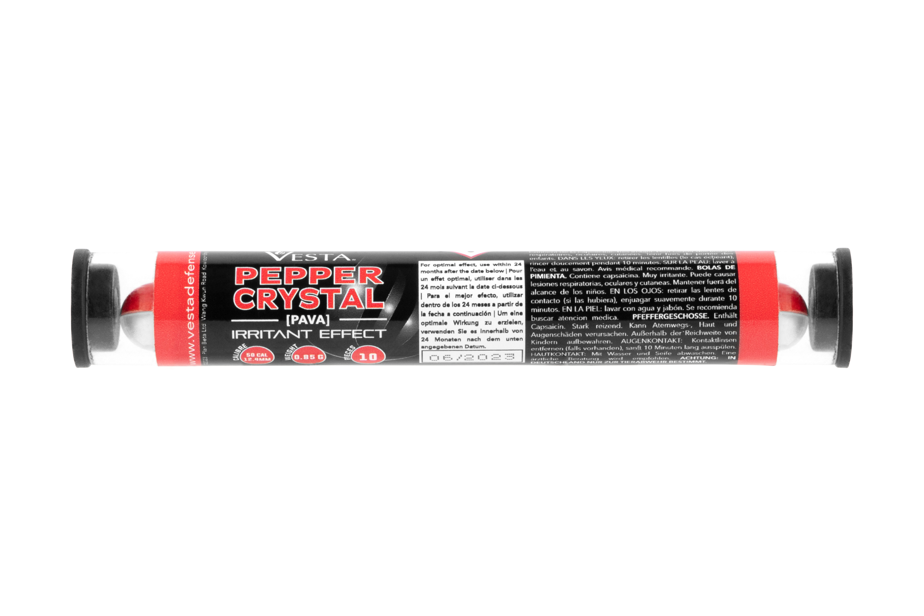 Vesta Pepper Crystal PAVA-Reizprojektile, Kaliber 50, 10 Stück, in einem rot-schwarzen zylindrischen Behälter.
