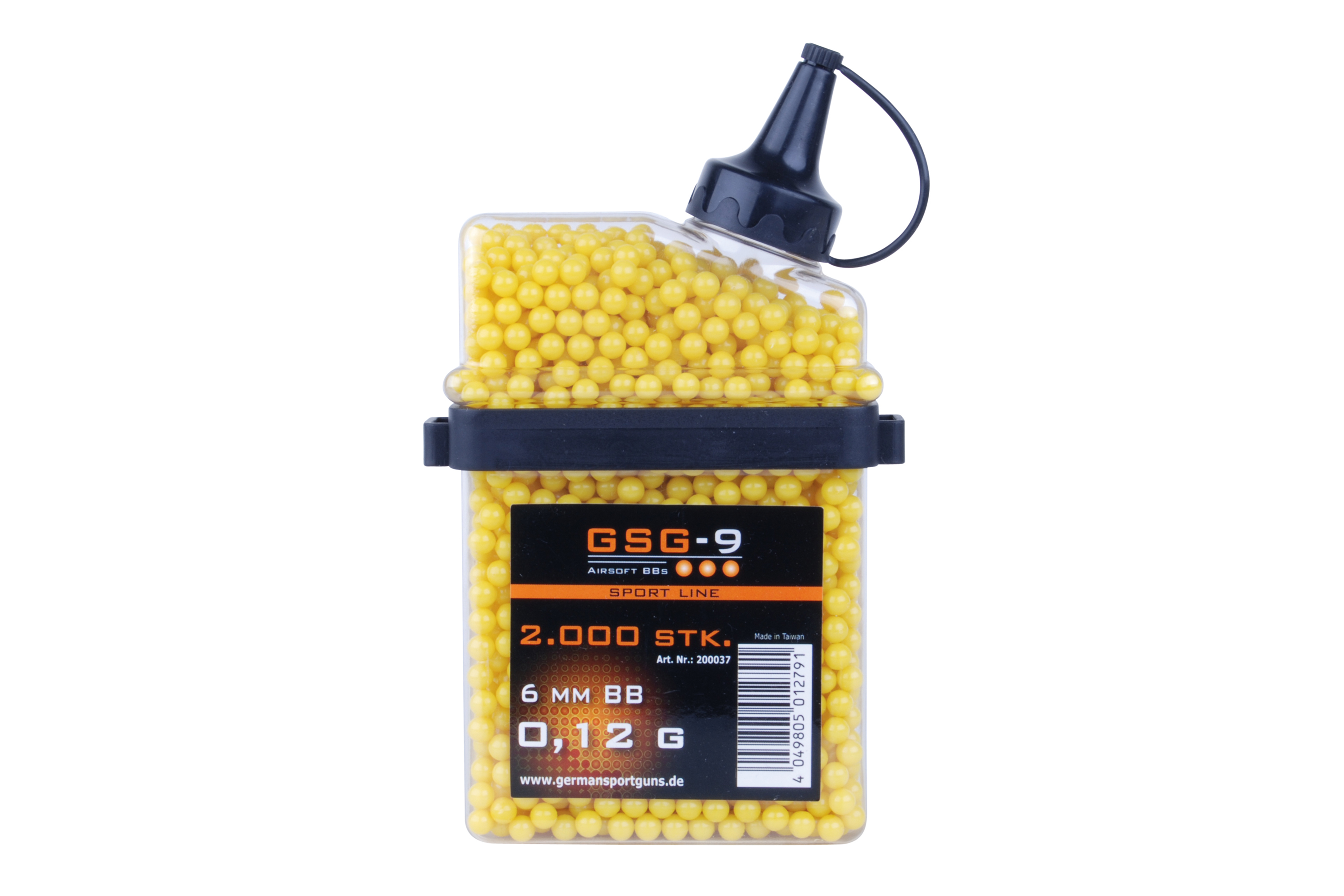 GSG-9 Sport Line 6 mm BBs, 2000 Stück, gelbe Airsoft-Pellets in einem durchsichtigen Behälter.