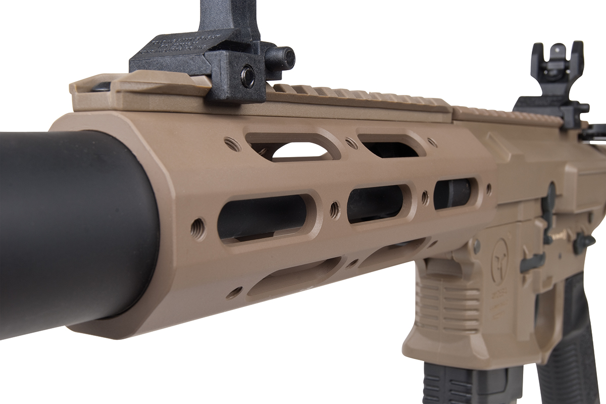 Hellbrauner Luftgewehr-Handschutz mit M-LOK-Schlitzen und oberer Schiene, mit einem eleganten, modernen Design für taktische Ausrüstung.