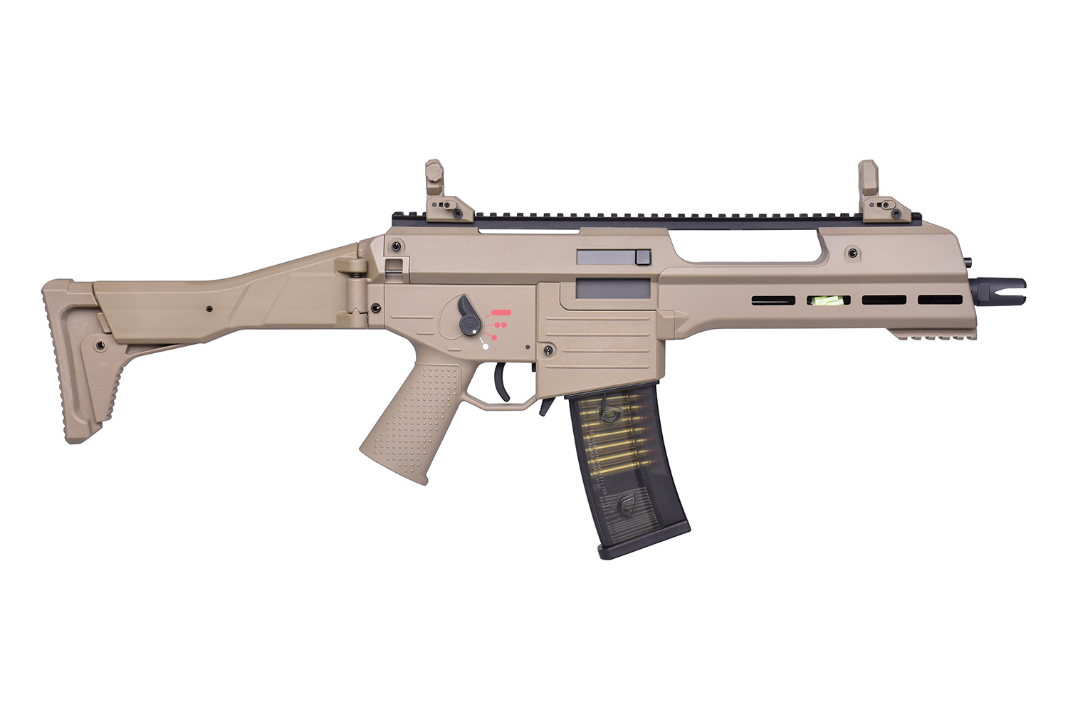 Hellbraunes Airsoft-Gewehr im G36-Stil mit Klappschaft, integriertem Schienensystem und transparentem Magazindesign.
