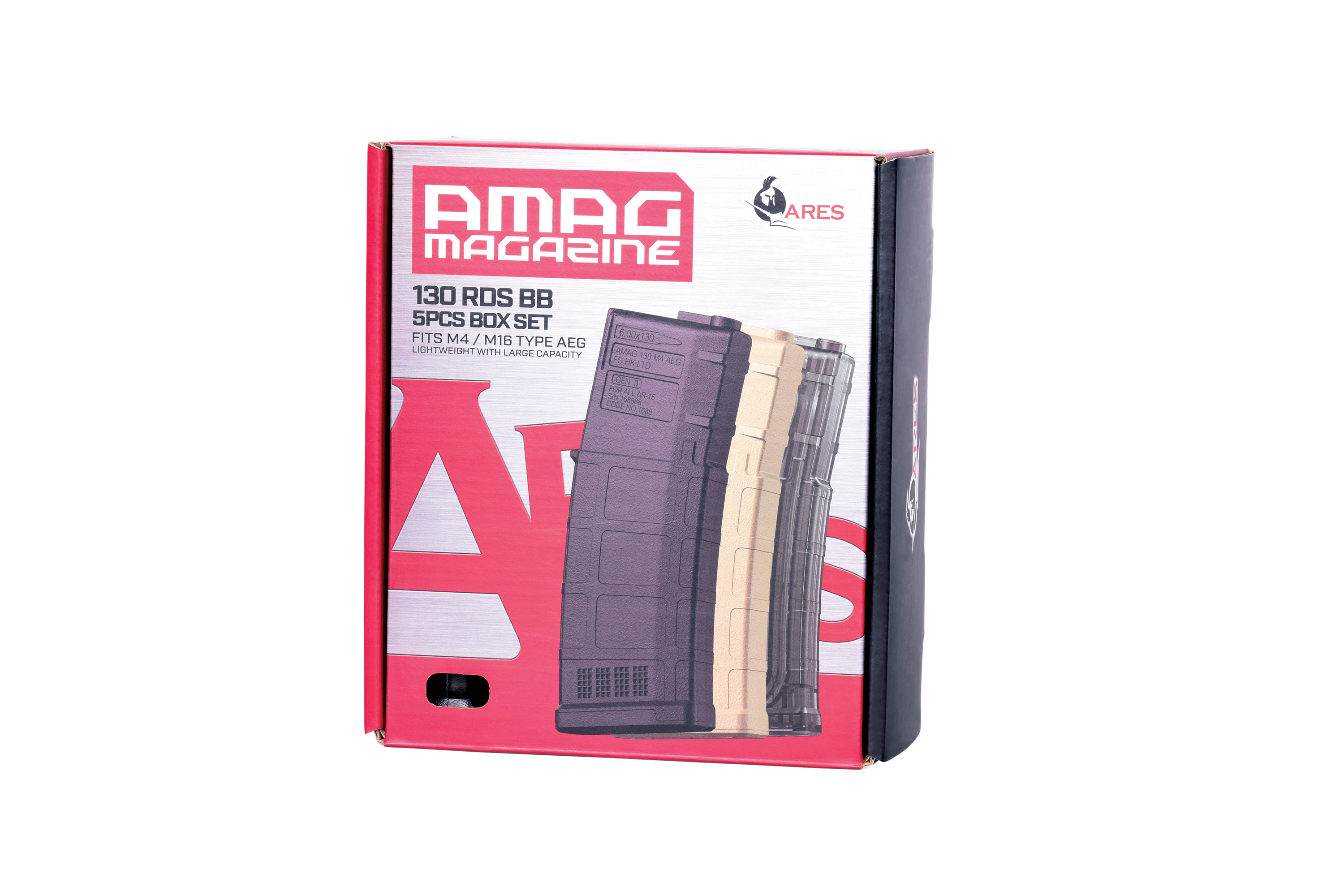 Ares AMAG 130-Schuss-BB-Magazin, 5-teiliges Boxset für AEG-Airsoftgewehre vom Typ M4/M16 in den Farboptionen Schwarz und Hellbraun.