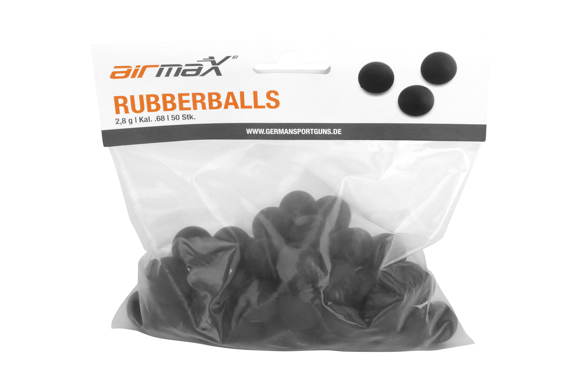 Eine Packung mit 50 schwarzen Airmax-Gummibällen im Kaliber .68 für das Training, präsentiert in einer durchsichtigen Plastik-Hängetasche.