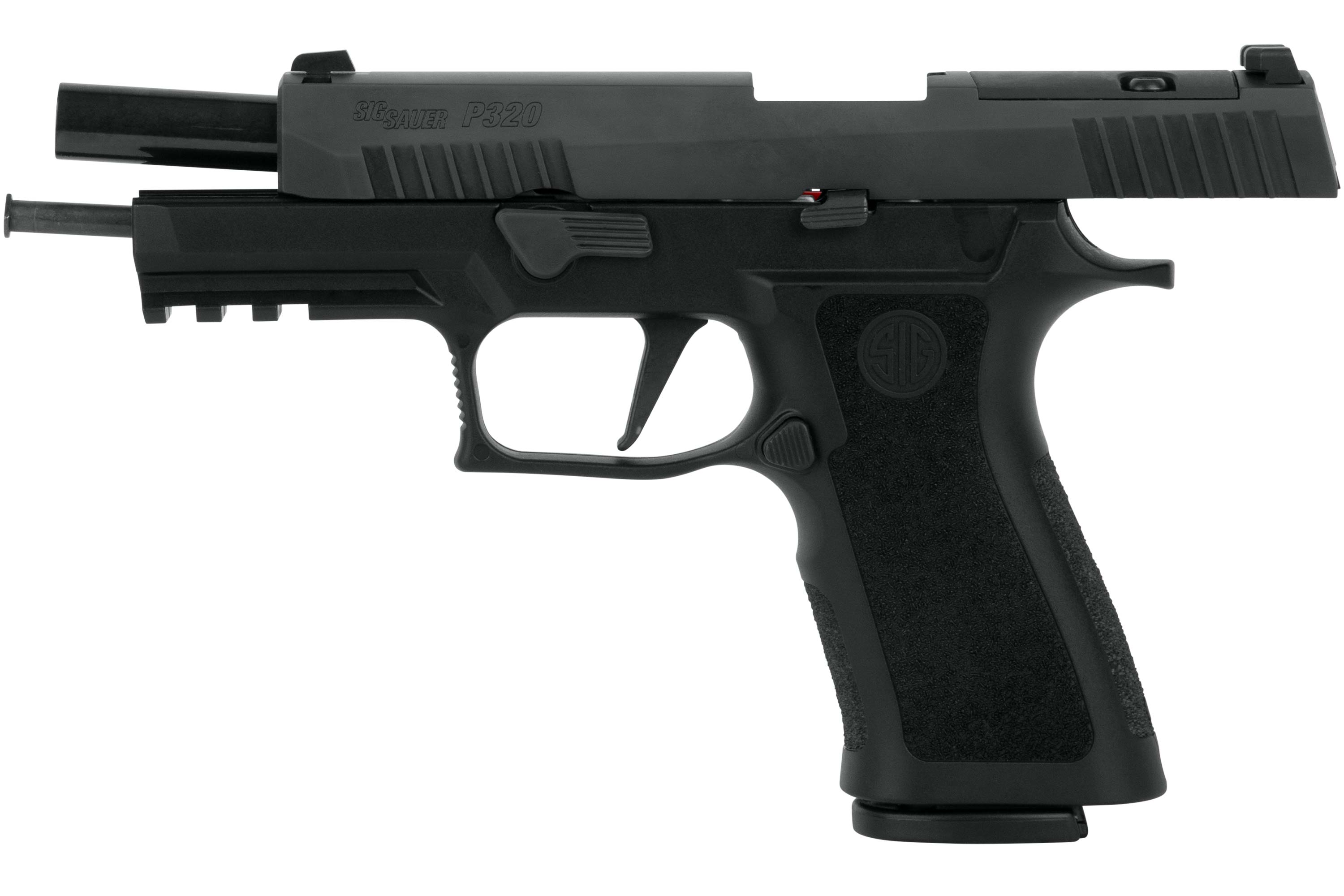 Schwarze Sig Sauer P320-Luftpistole mit eingefahrenem Verschluss, strukturiertem Griff und taktischer Schiene für Zubehör.