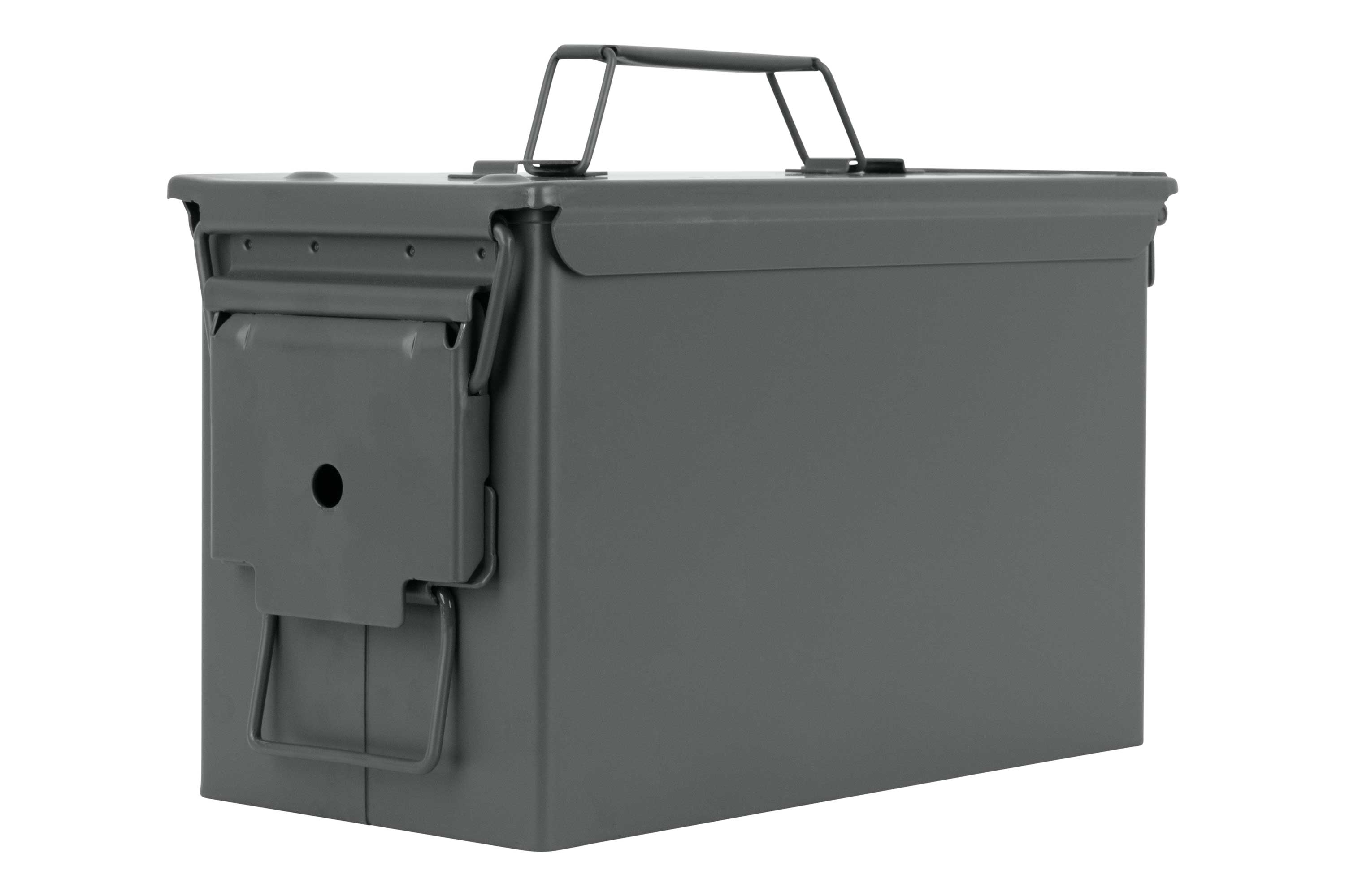 Eine robuste Aufbewahrungsbox für Munition aus grauem Metall mit sicherem Verschluss und Tragegriff für Schusswaffenzubehör und Ausrüstung.