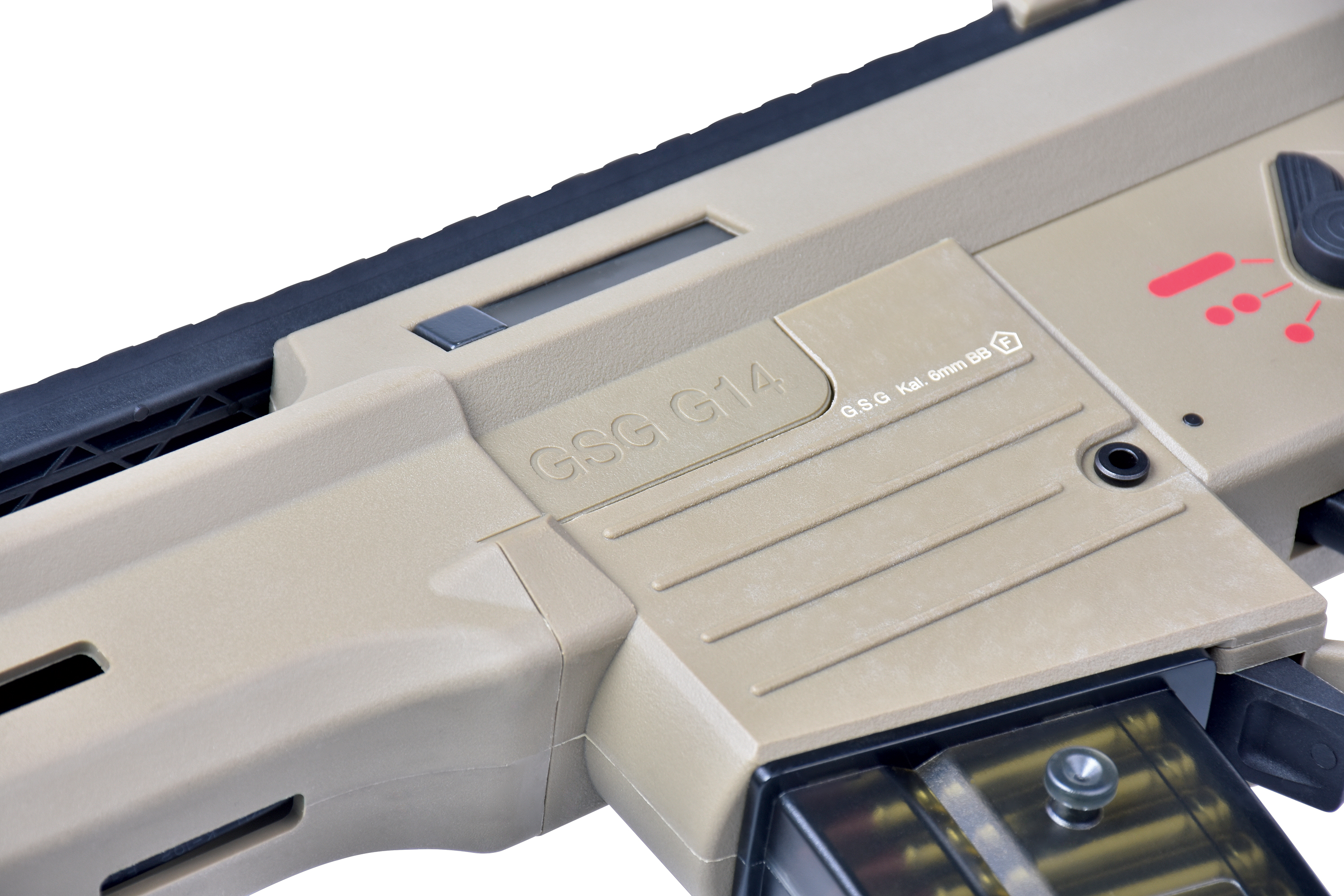 Nahaufnahme des hellbraunen GSG G14 Airsoft-Gewehrgehäuses mit Modellname und 6-mm-BB-Kalibermarkierungen auf dem Gehäuse.