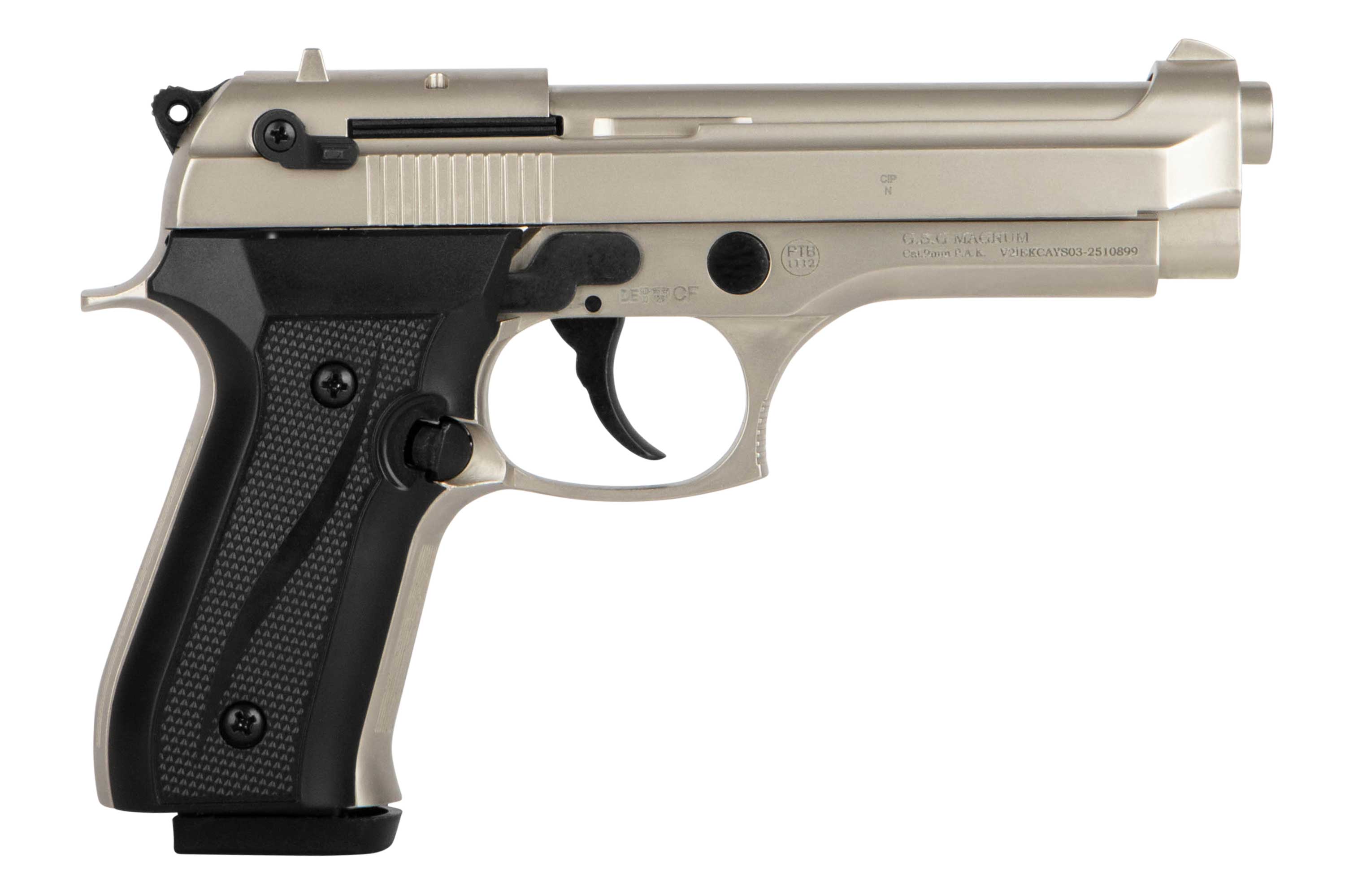 Luftpistole GSG 92 in Silber und Schwarz mit strukturiertem Griff und ergonomischem Design für optimale Handhabung.