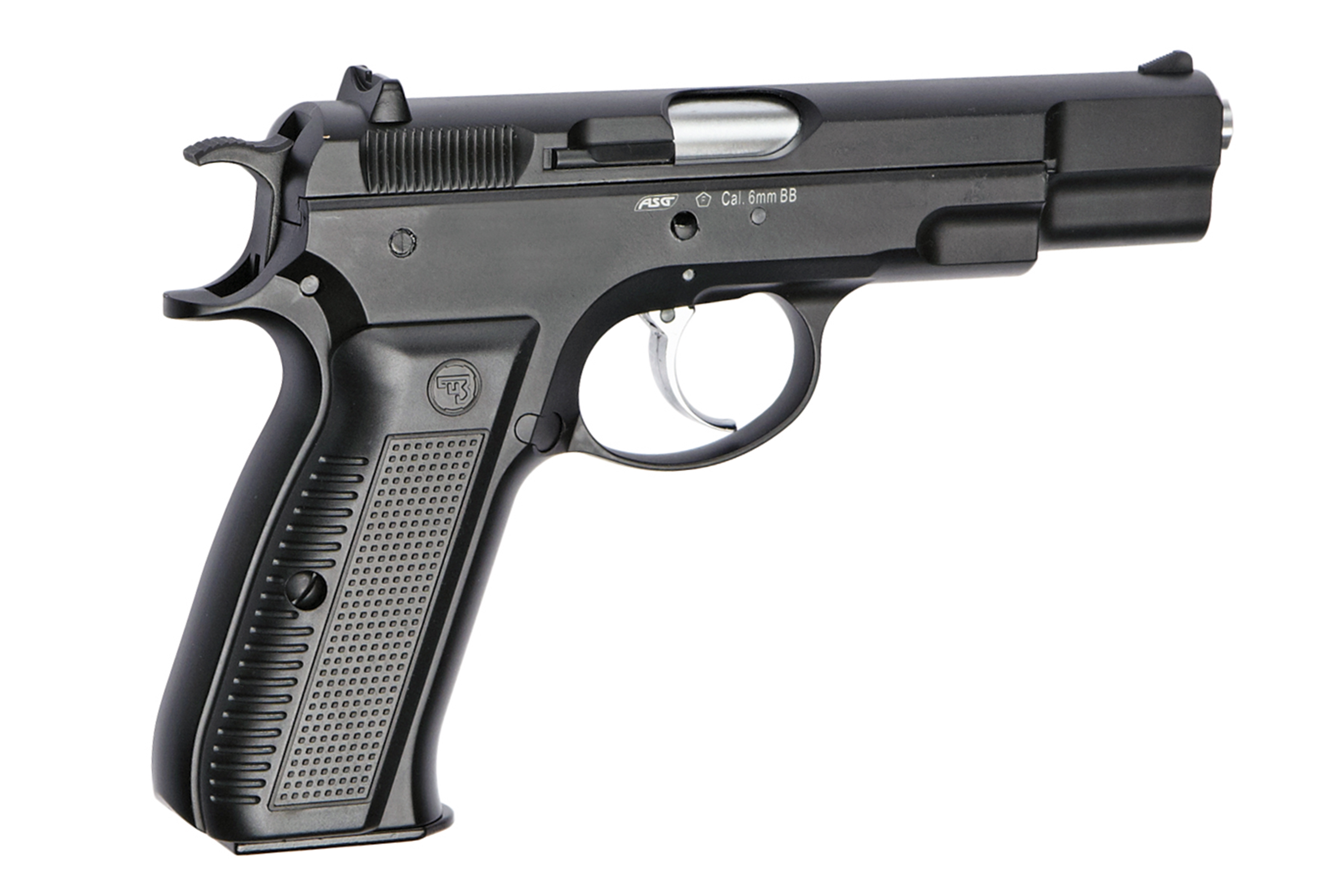 Schwarze ASG-Luftpistole mit elegantem Design, strukturiertem Griff und silbernem Lauf.