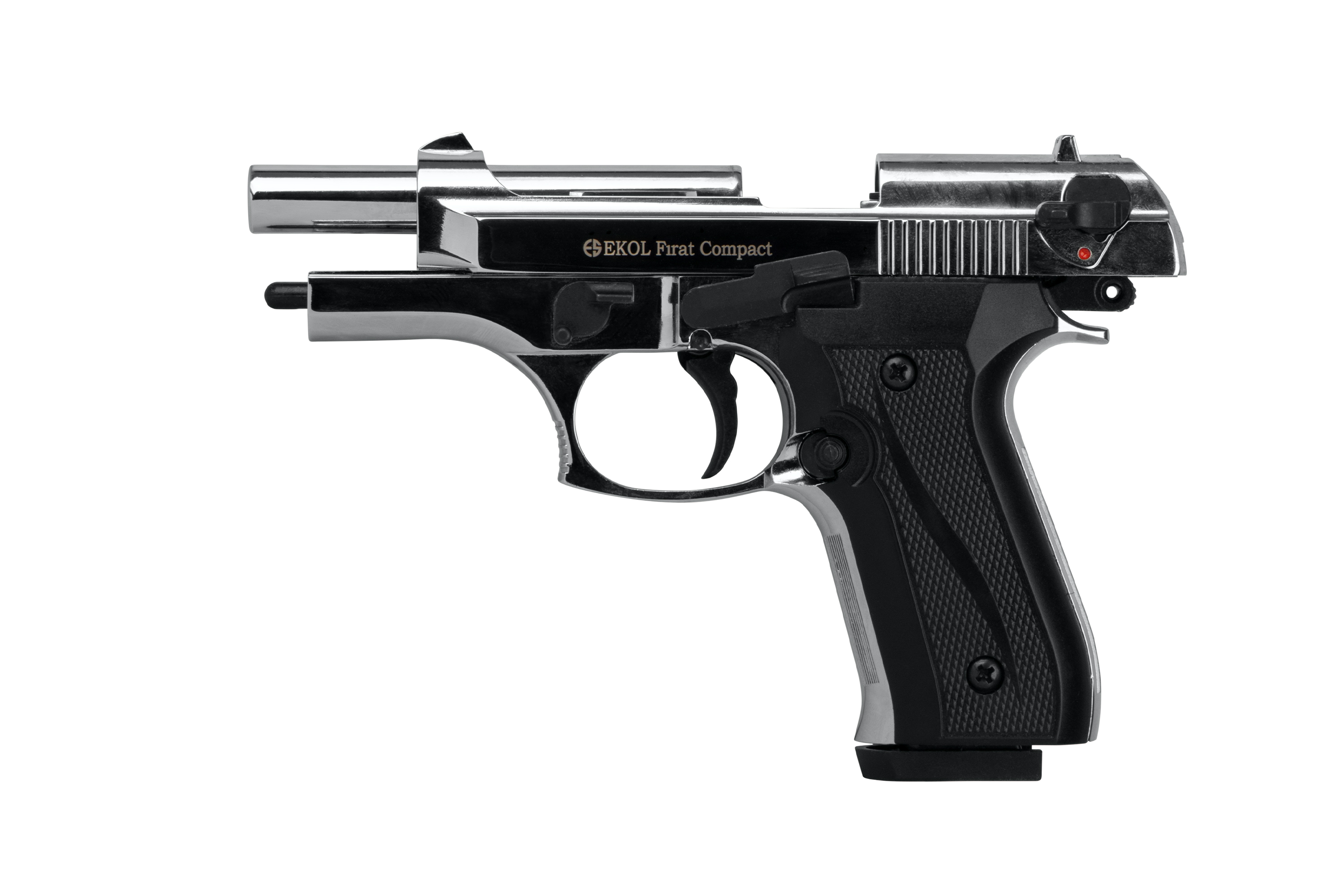 Ekol Prat Kompakte Luftpistole mit elegantem Chrom-Finish und ergonomischem schwarzem Griff für verbesserte Handhabung.