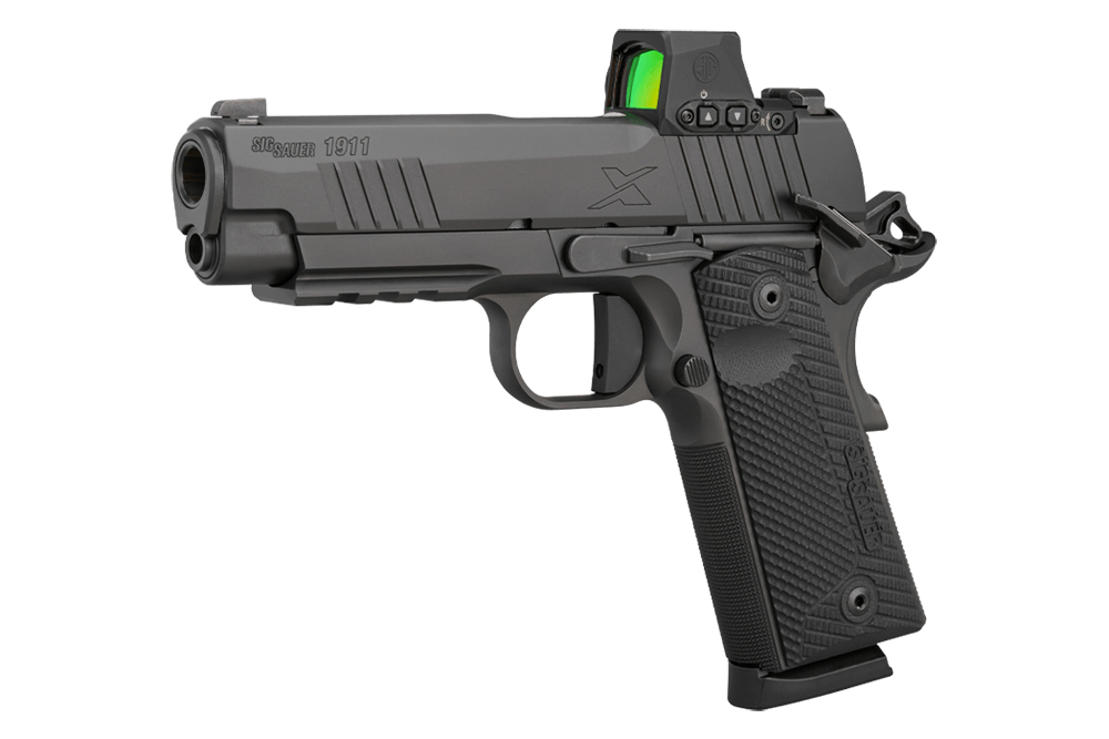 SIG Sauer 1911 Luftpistole in Schwarz mit strukturiertem Griff und Reflexvisier für erhöhte Genauigkeit.