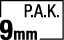 Schwarz-weißes Icon mit der Aufschrift „P.A.K. 9mm“, kennzeichnet Kaliber für Schreckschusspistolen.