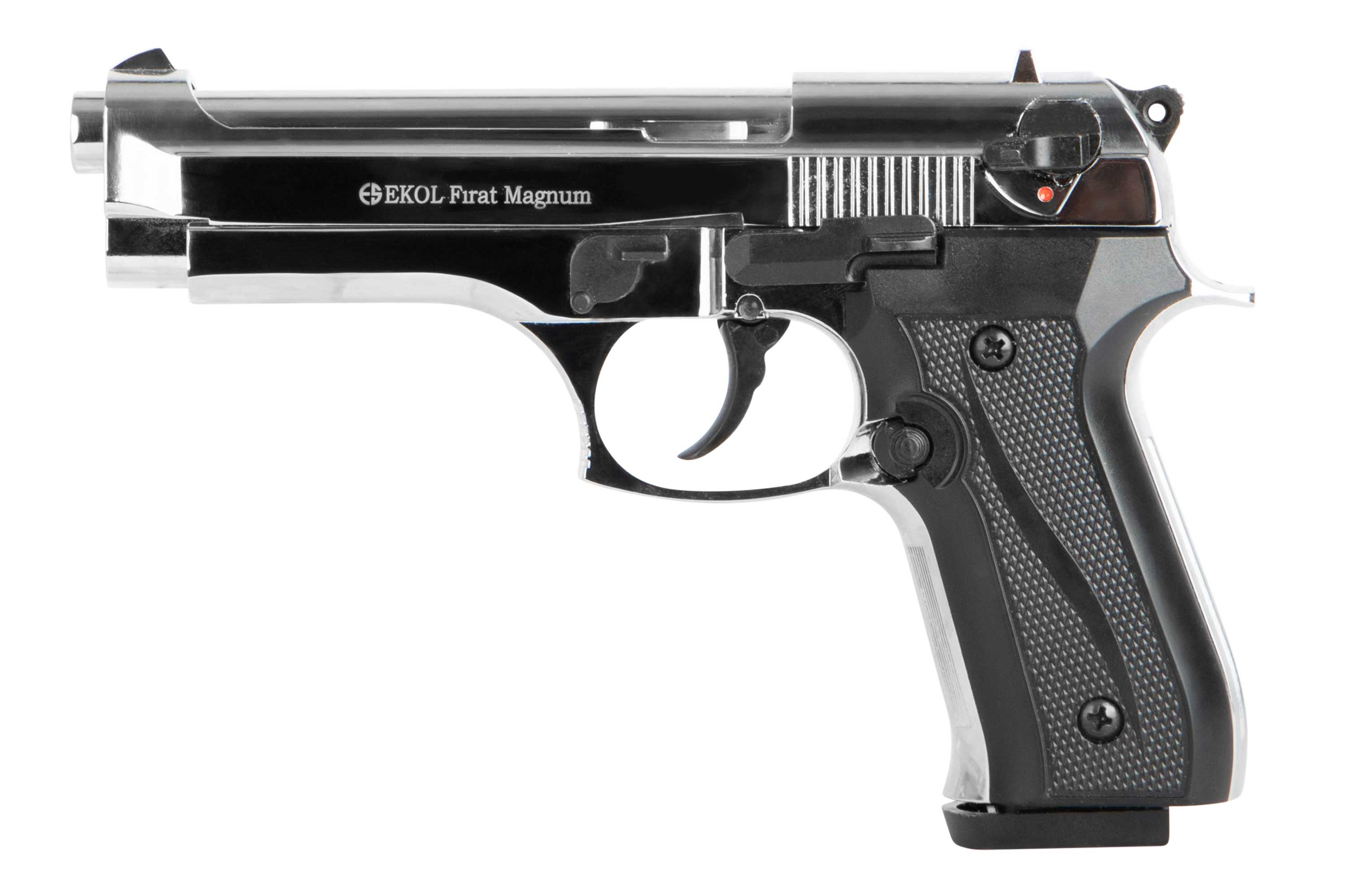EKOL Firat Magnum Luftpistole mit silberner und schwarzer Oberfläche, strukturiertem Griff und Abzug.