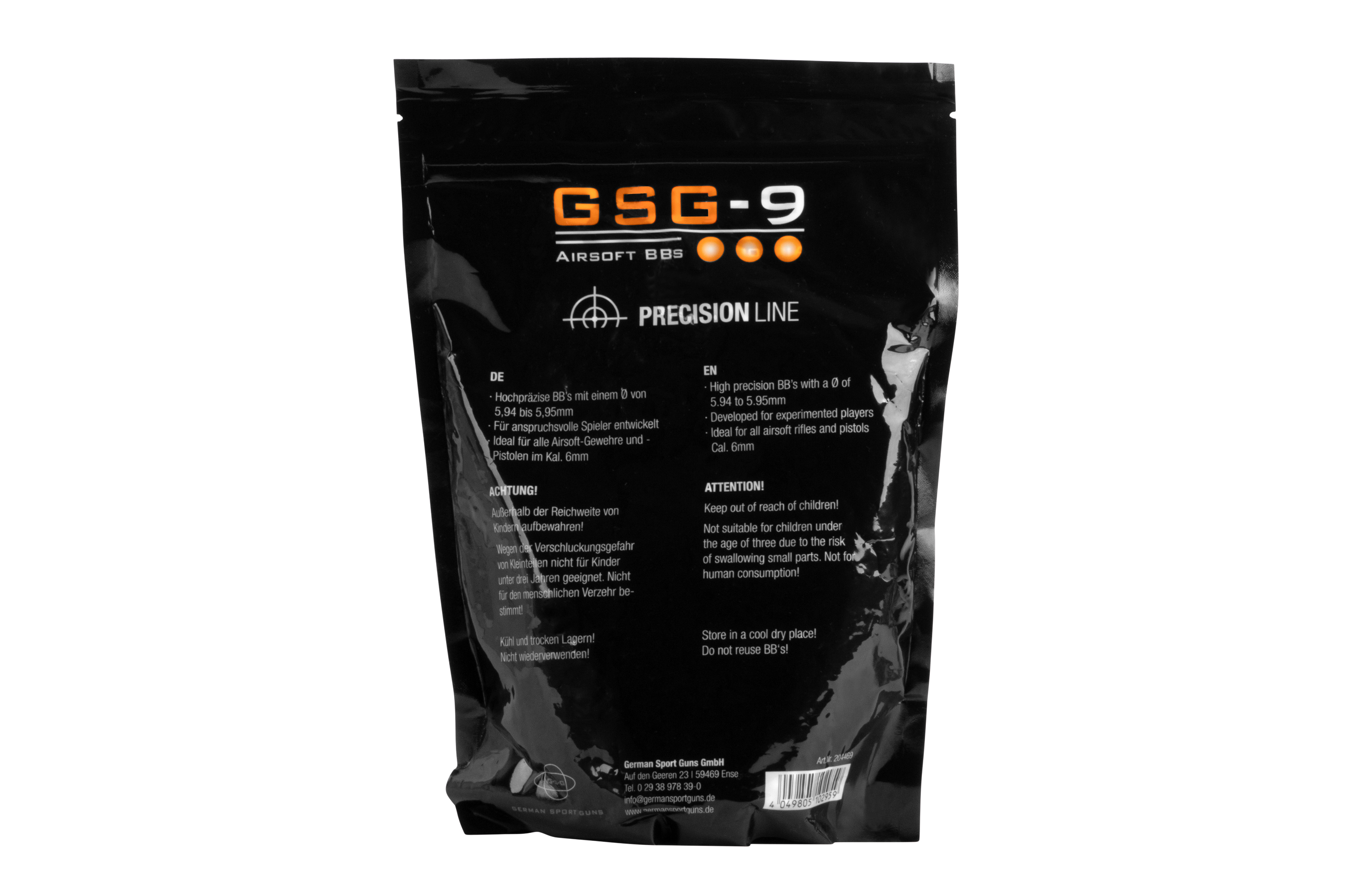 GSG-9 Airsoft BBs in einer schwarzen Tasche, Präzisionsschnur, Kaliber 6 mm, konzipiert für erfahrene Spieler.