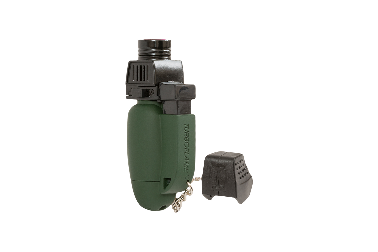 TurboFlame-Feuerzeug in Grün mit schwarzen Akzenten, mit Sicherheitskappe und ergonomischem Design für einfache Handhabung.