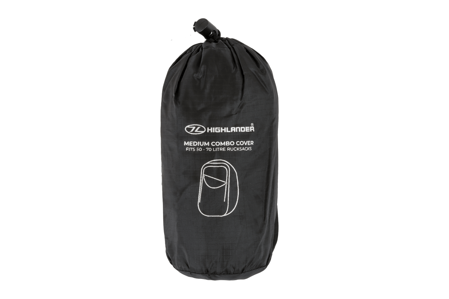 Schwarze Highlander Medium Combo-Hülle für 50–70-Liter-Rucksäcke, mit Kordelzugverschluss und weißem Logo-Aufdruck.