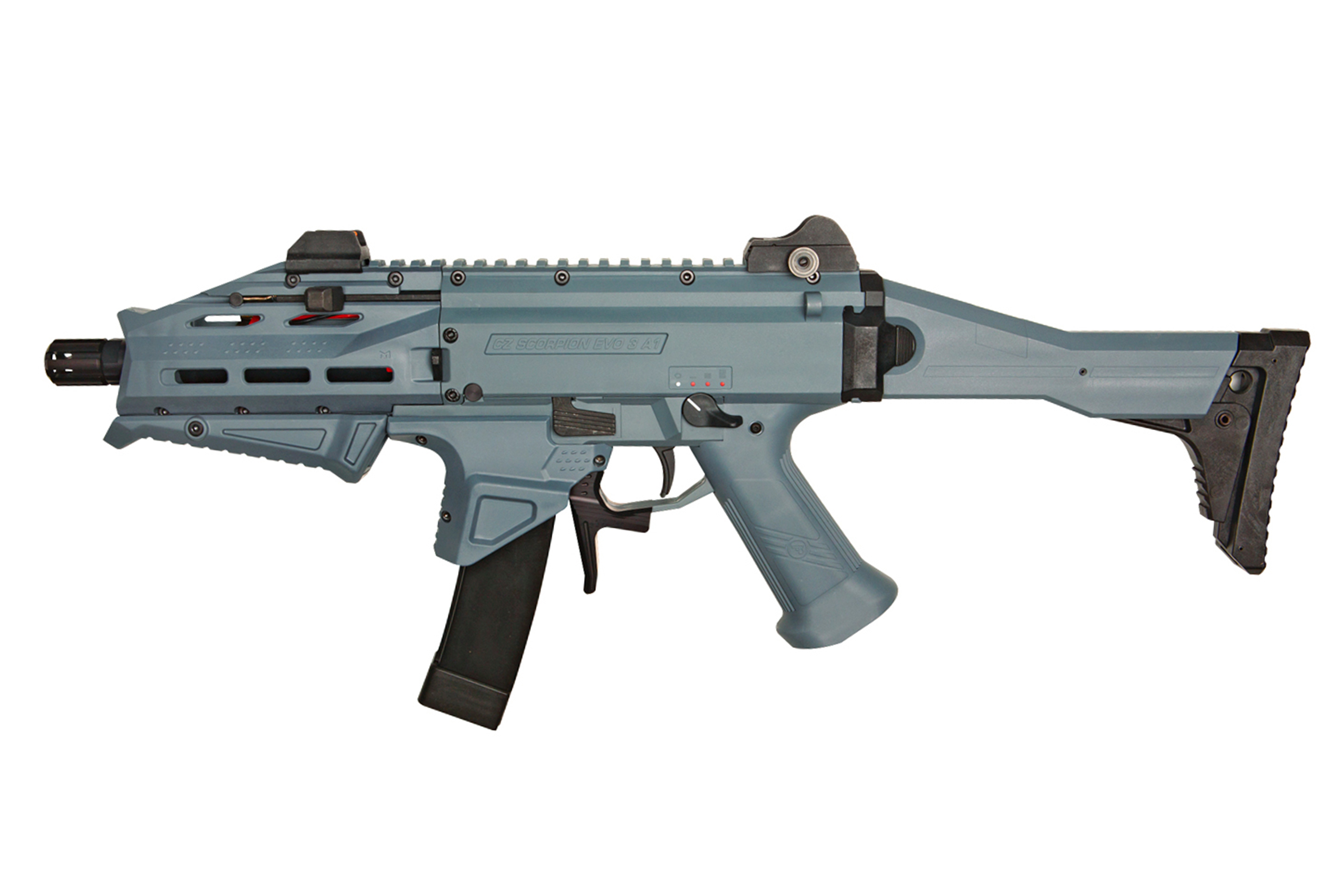 Seitenansicht einer grauen Airsoft-Maschinenpistole CZ Scorpion EVO 3 A1 mit schwarzem Magazin, taktischem Schaft und eisernem Visier.
