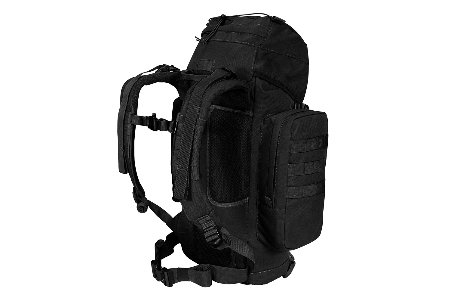 Schwarzer taktischer Rucksack mit verstellbaren, gepolsterten Schultergurten, MOLLE-Gurtband und Seitentaschen auf weißem Hintergrund.