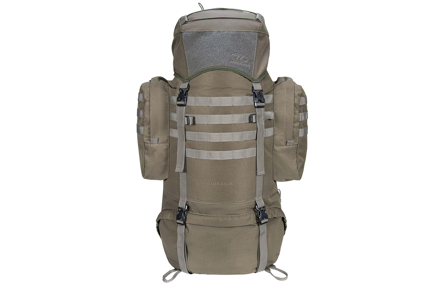 Olivgrüner taktischer Highlander Forces 66-Rucksack mit Seitentaschen, MOLLE-Gurtband und verstellbaren Trägern.