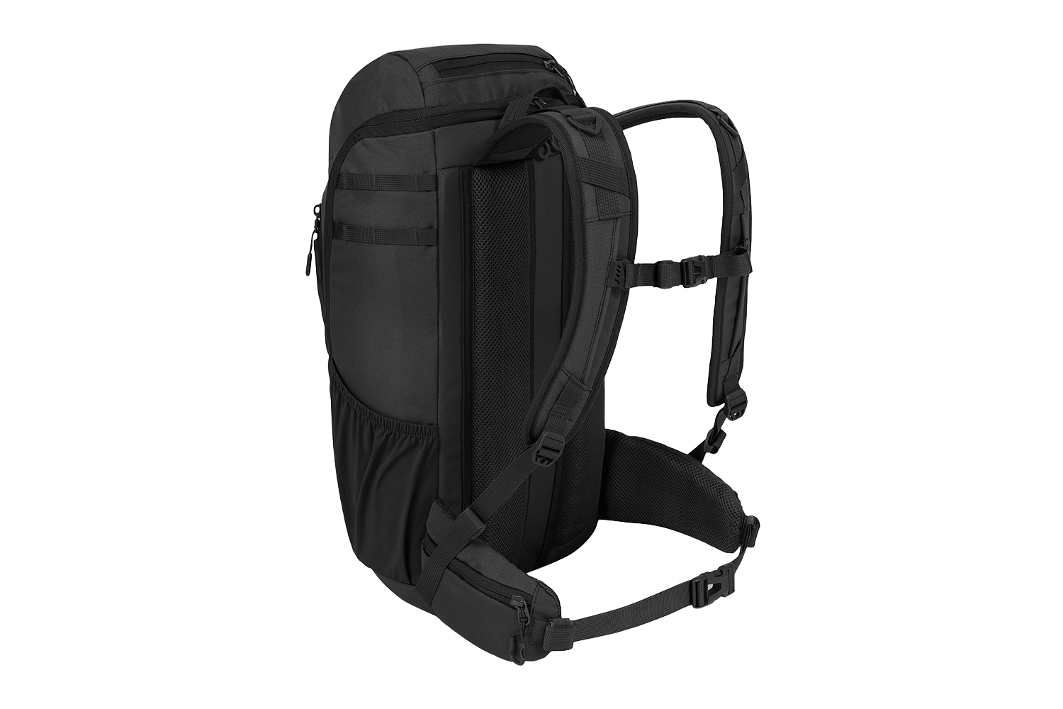 Schwarzer taktischer Rucksack mit gepolsterten Schultergurten, Netzrückwand und Hüftgurt, dargestellt aus der Rückansicht.