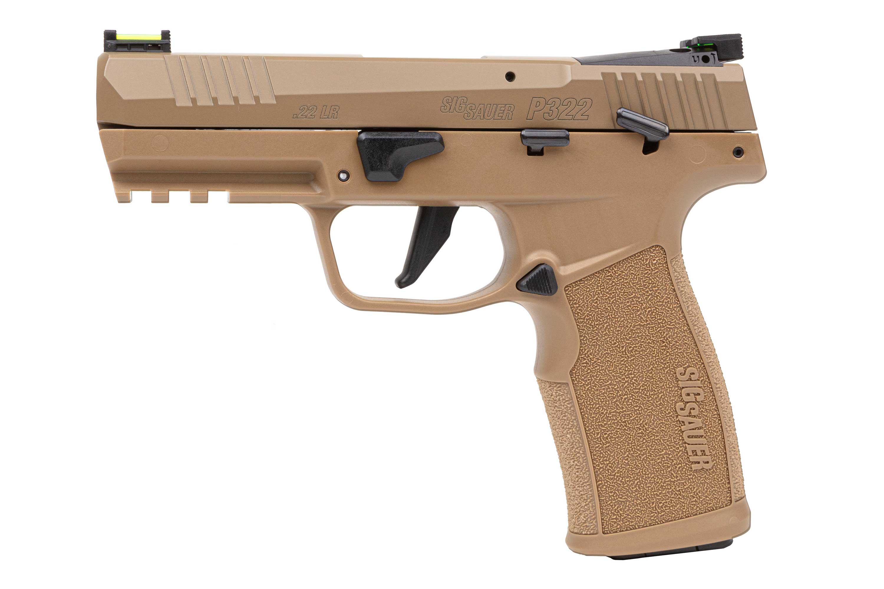 SIG Sauer P322 Luftpistole in hellbrauner Farbe mit strukturiertem Griff und verstellbarer Visierung für präzises Schießen.