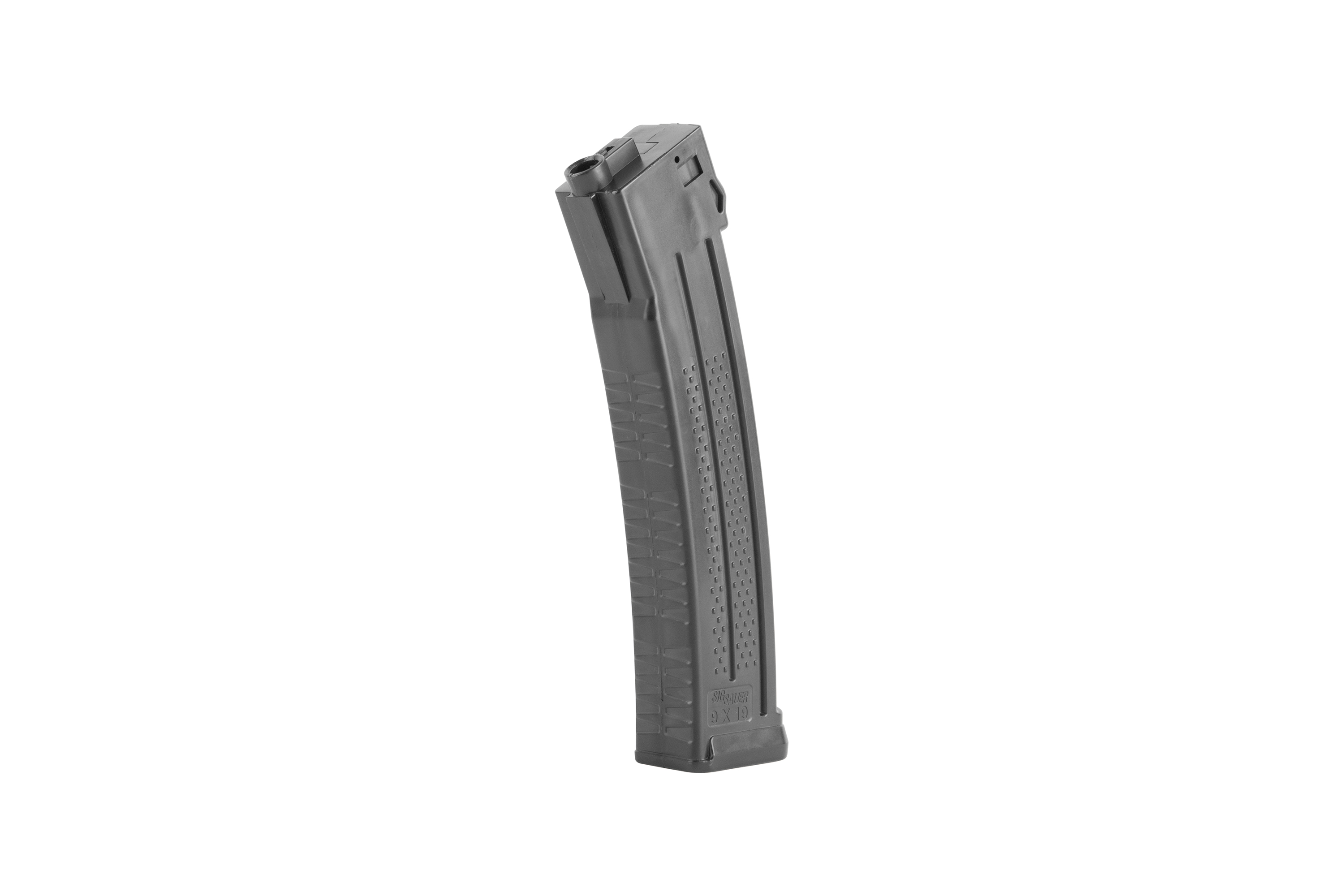Schwarzes Polymer-Magazin Sig Sauer 9x19 für Luftpistolen mit strukturierter Griffoberfläche auf weißem Hintergrund.