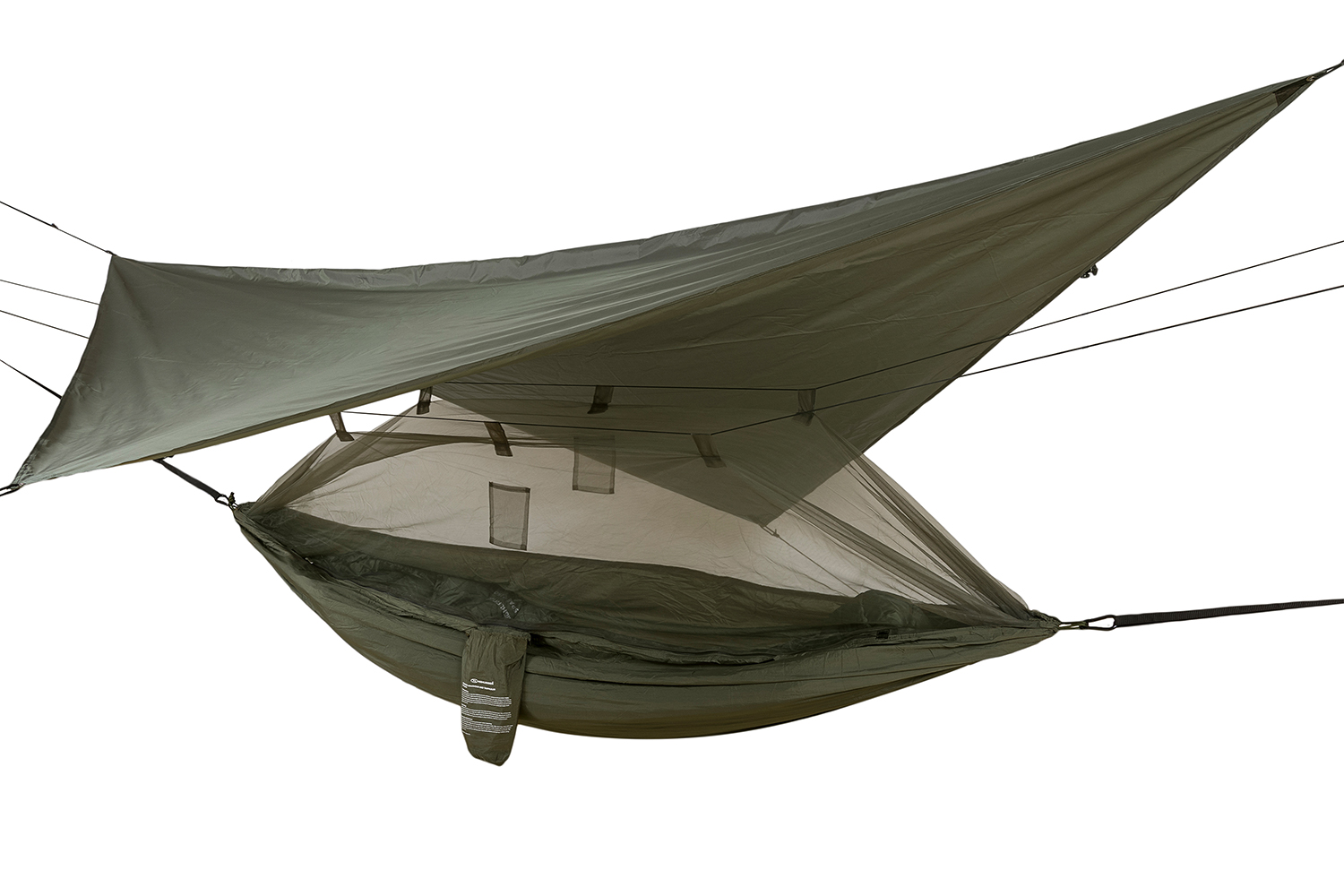 Olivgrüne Camping-Hängematte mit integriertem Moskitonetz und Regenplane zum Aufhängen für den Außenbereich.