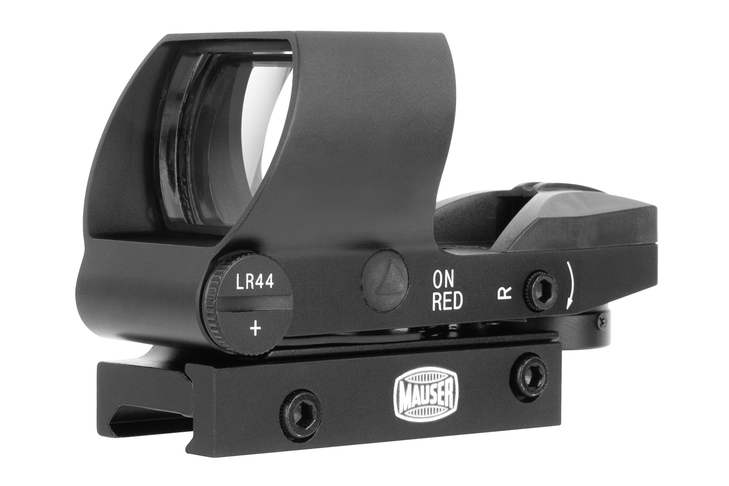 Schwarzes Mauser-Leuchtpunktvisier mit LR44-Batteriefach, Montagesockel und Einstellschrauben auf weißem Hintergrund.