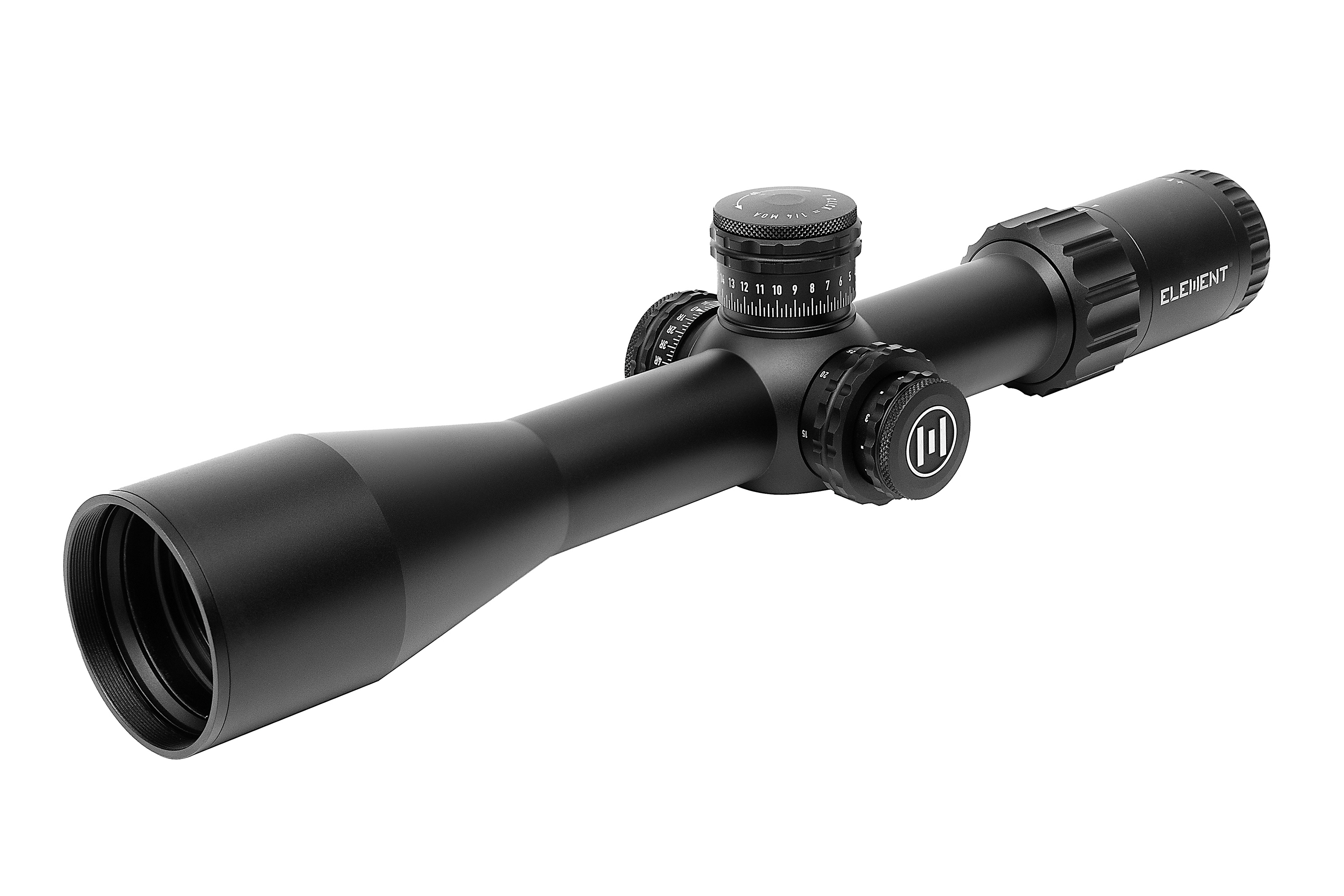 Element-Zielfernrohr mit elegantem schwarzem Design, verstellbaren Türmen und einer Präzisionslinse für verbesserte Genauigkeit.