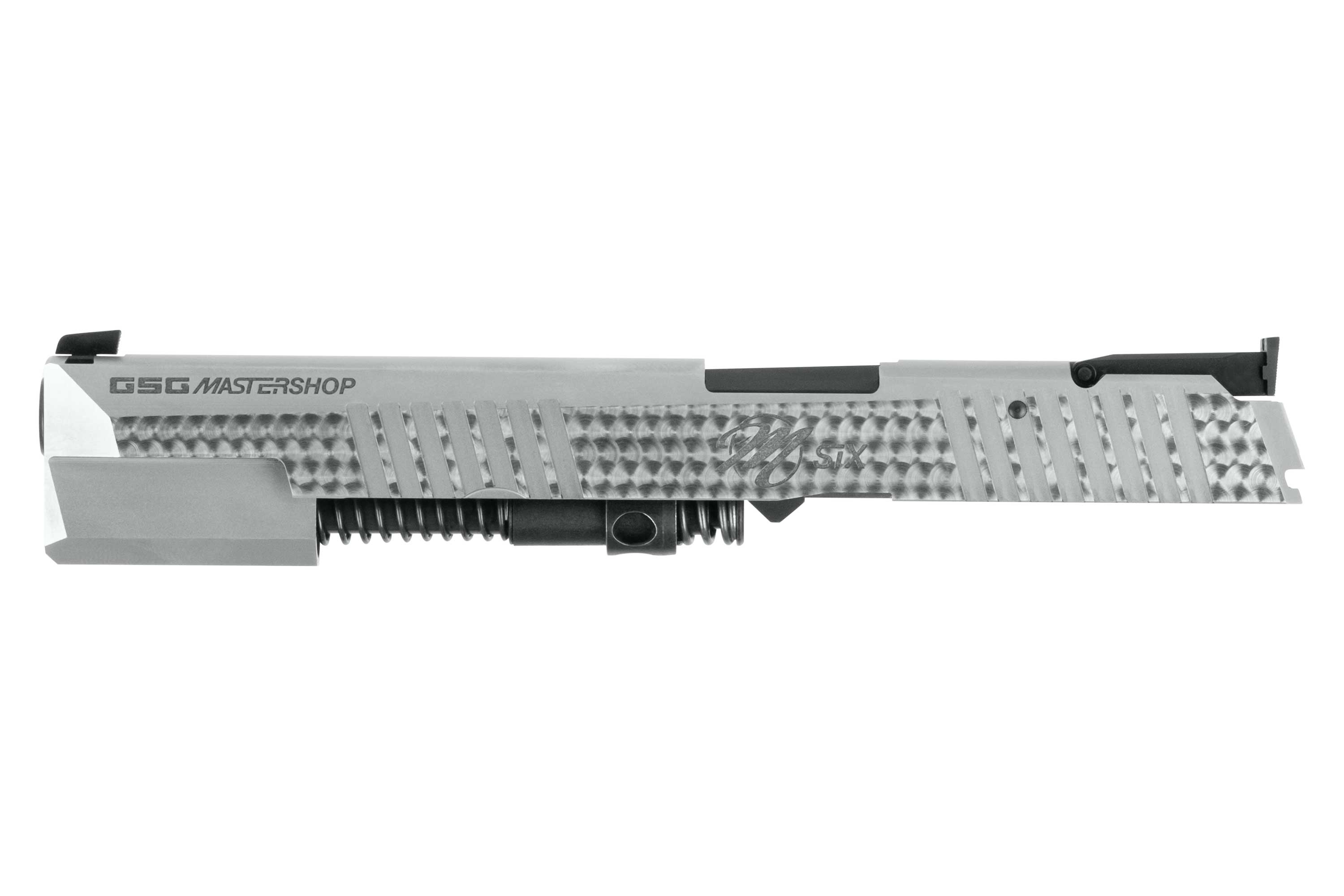 GSG Mastershop Luftpistolenschlitten in Silber mit strukturiertem Griff und Schienensystem für verbesserte Leistung.
