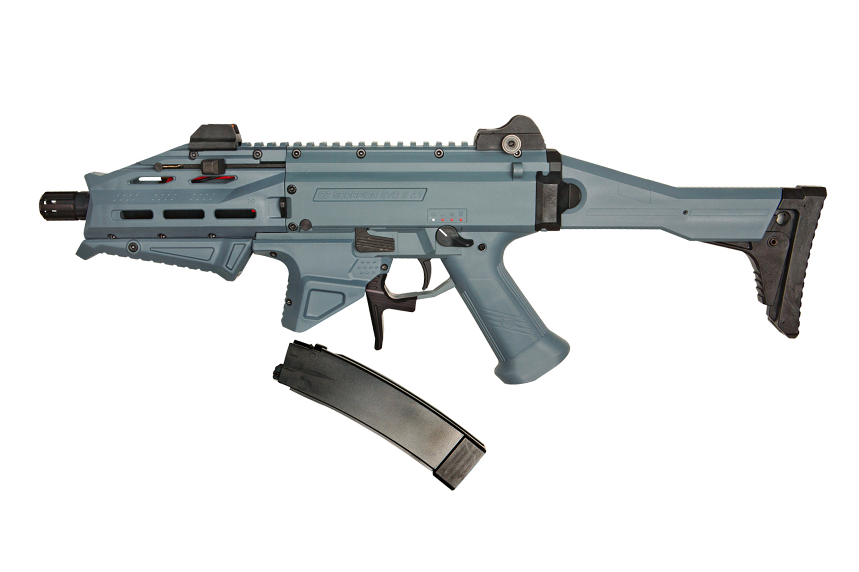 Graue Airsoft-Maschinenpistole CZ Scorpion EVO 3 A1 mit abnehmbarem schwarzem Magazin und taktischem Design.
