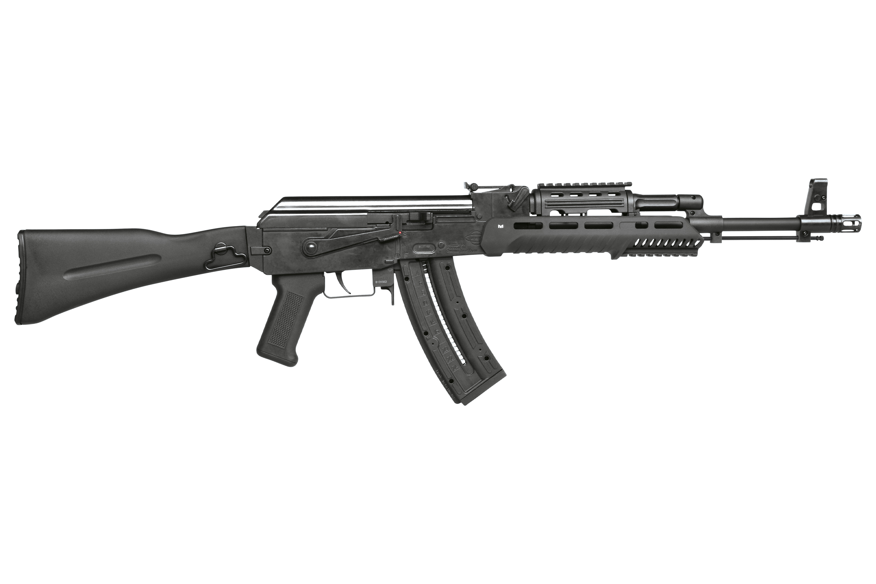 Schwarzes halbautomatisches Luftgewehr im Kalaschnikow-AK-47-Stil mit Kunststoffschaft, taktischem Handschutz und gebogenem Magazin.