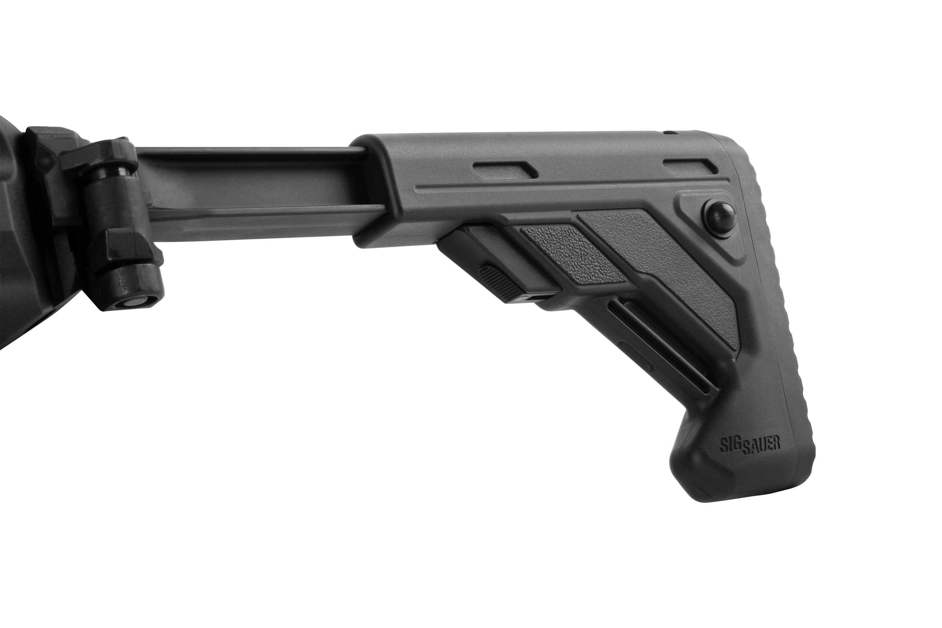 Schwarzer verstellbarer Teleskop-Gewehrschaft von Sig Sauer aus strapazierfähigem Polymer für Luftgewehre, Seitenansicht auf weißem Hintergrund.