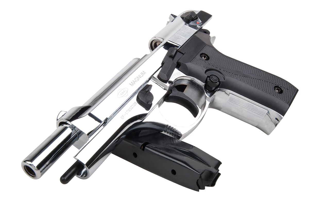 Silber-schwarze Luftpistole mit schlankem Design und ergonomischem Griff, ideal für Enthusiasten.
