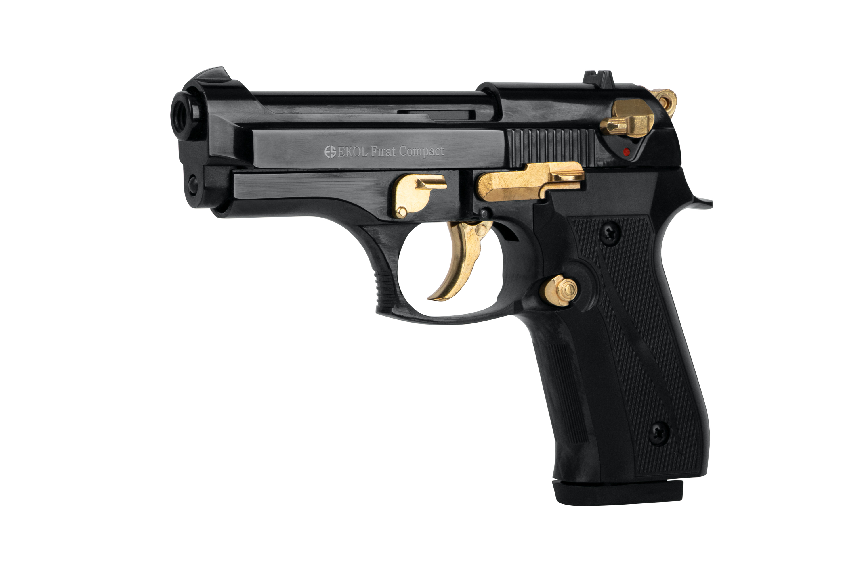 EKOL Pirat Compact Luftpistole mit schwarzem Finish und goldenen Akzenten, entworfen für Schusswaffenliebhaber.