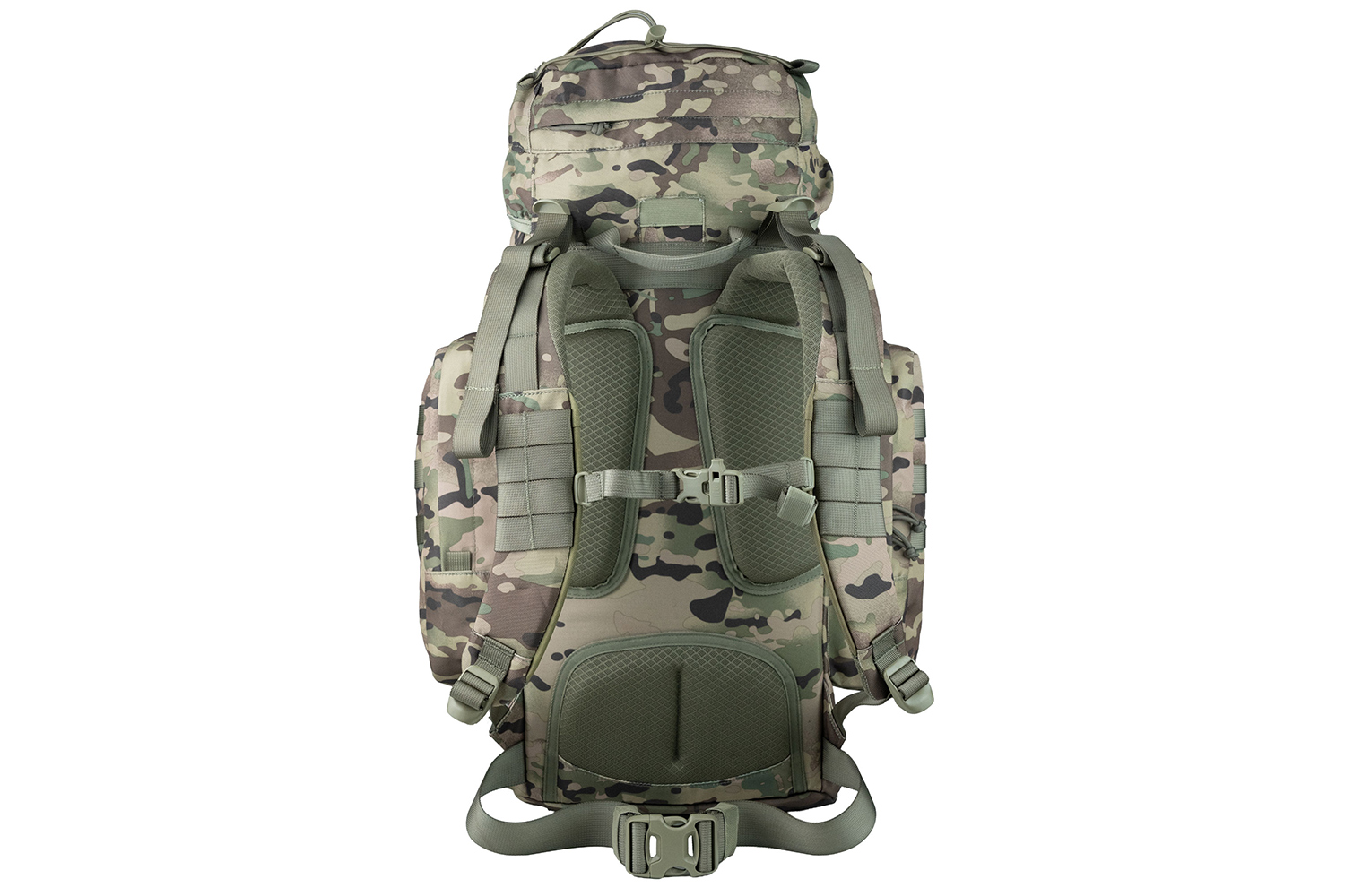 Rückansicht eines taktischen Rucksacks im Tarnmuster mit gepolsterten Schultergurten, Brustschnalle und Hüftgurt.