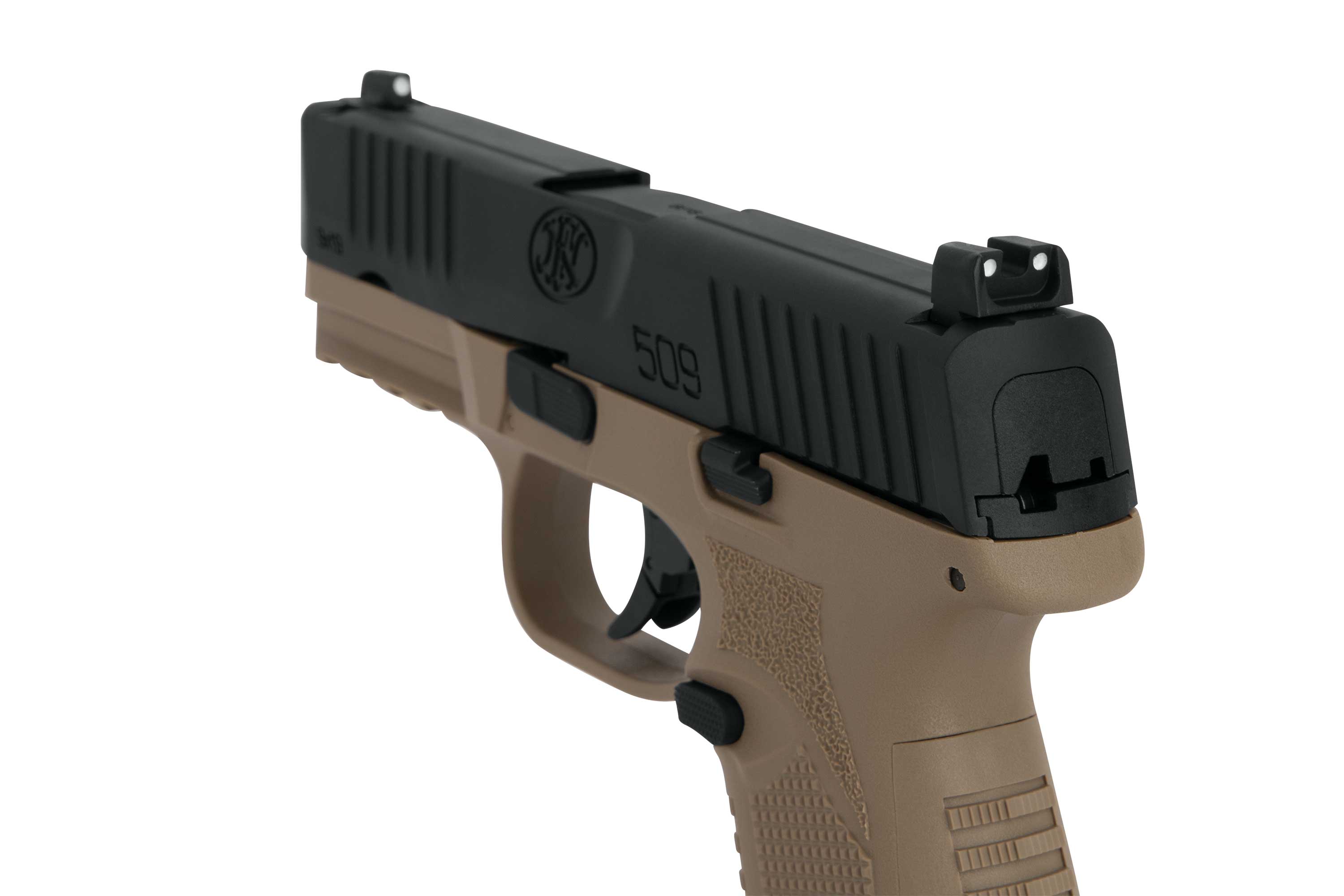 Luftpistole FN 509 in flacher dunkler Erdfarbe mit schwarzem Verschluss und verstellbarer Visierung.