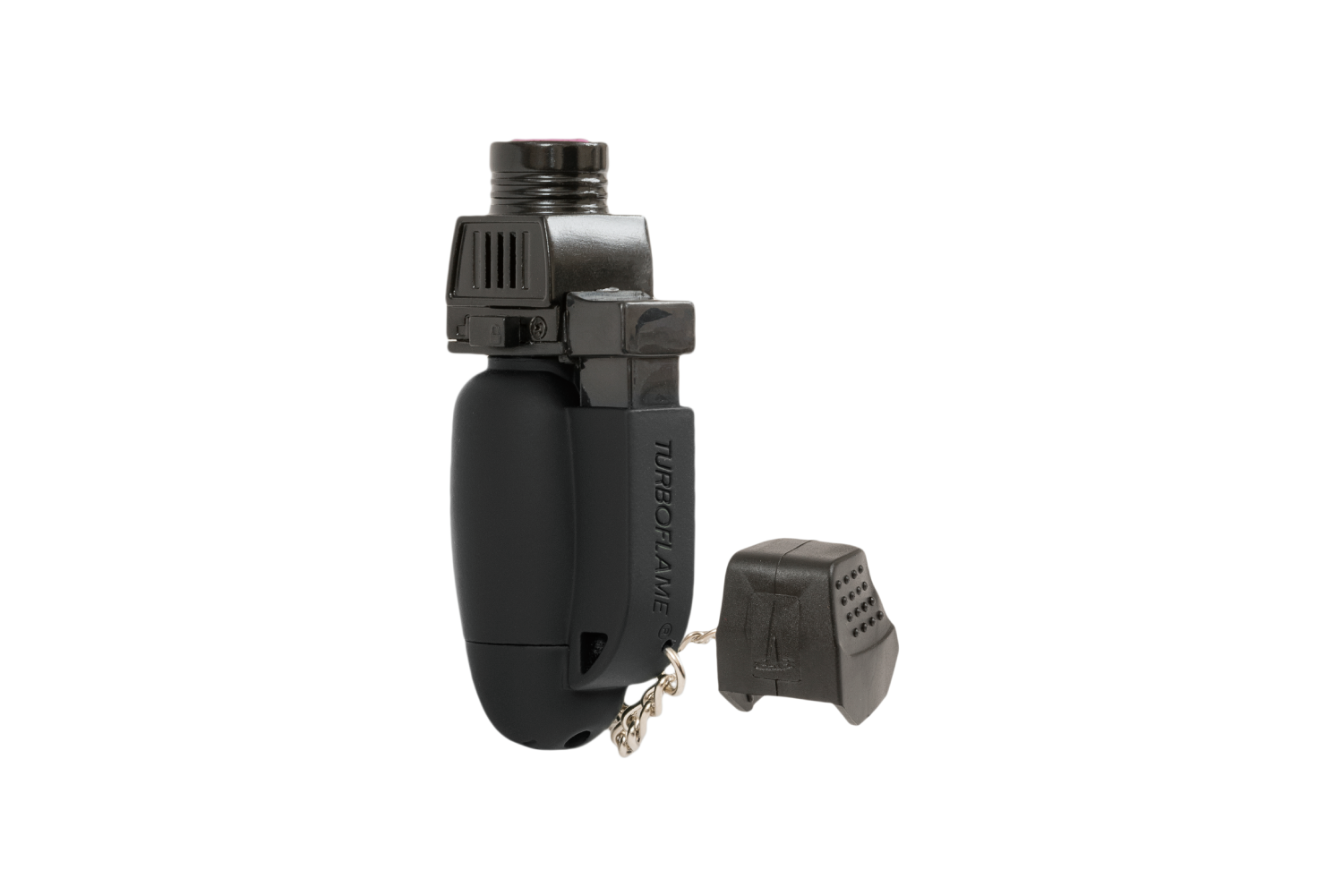 TurboFlame-Feuerzeug in Schwarz mit Sicherheitskappe, ideal für den Außenbereich und präzise Beleuchtung.