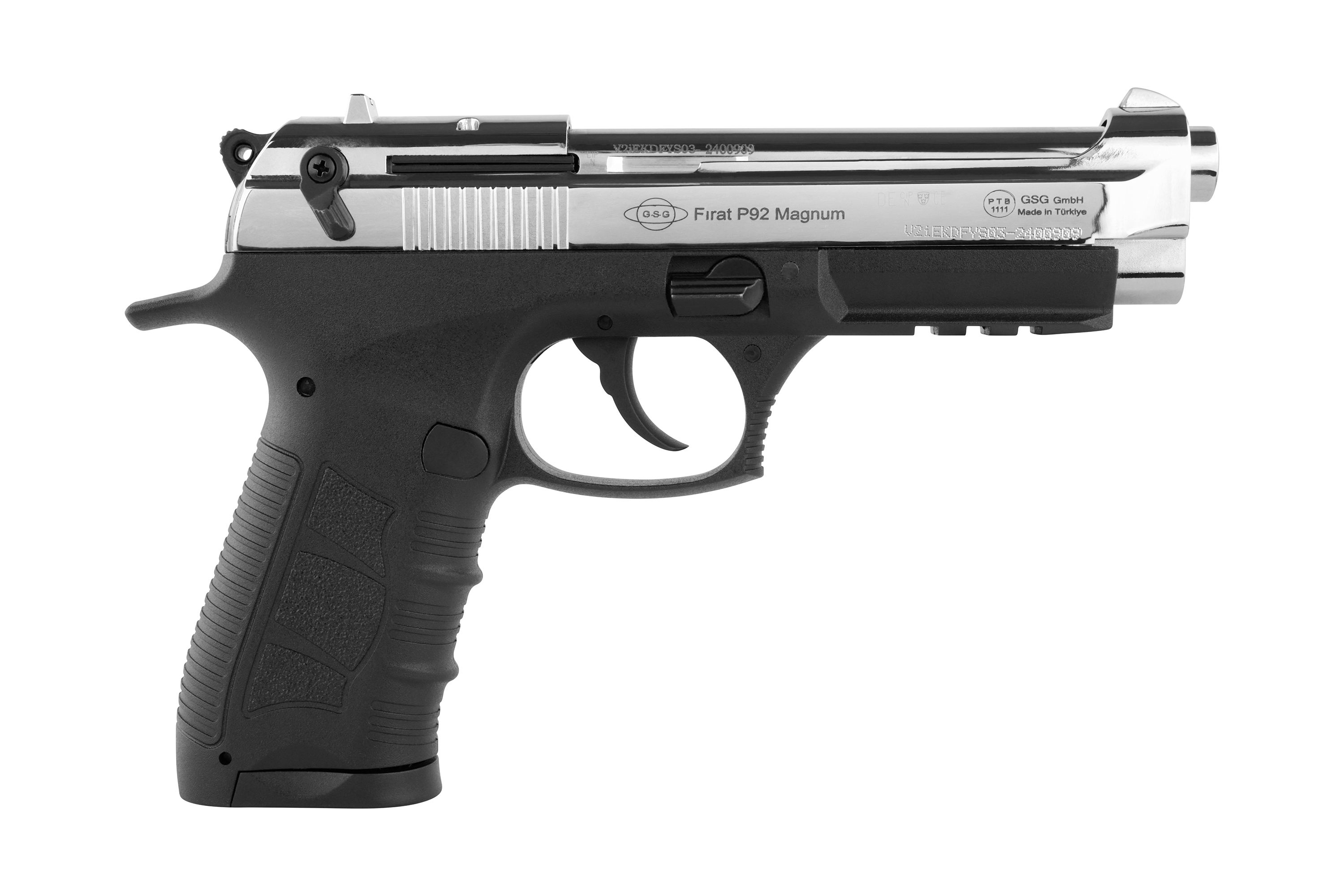 GSG Firat P92 Magnum Luftpistole mit schwarzem Griff und silberner Metalloberfläche, ideal für Schusswaffenliebhaber.