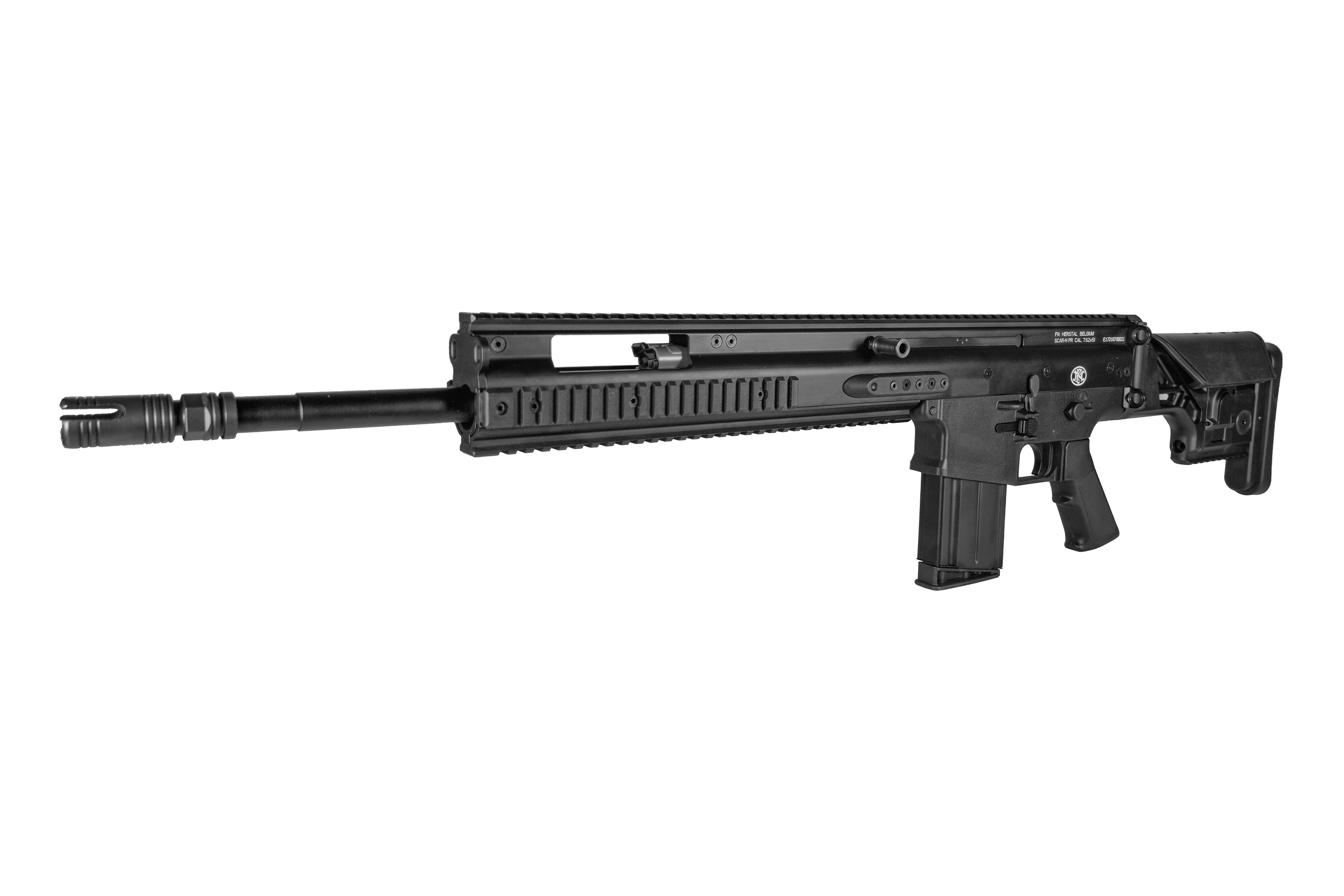 Schwarzes FN Herstal SCAR-H Airsoft-Gewehr mit langem Lauf, taktischem Schienensystem und verstellbarem Schaftdesign.