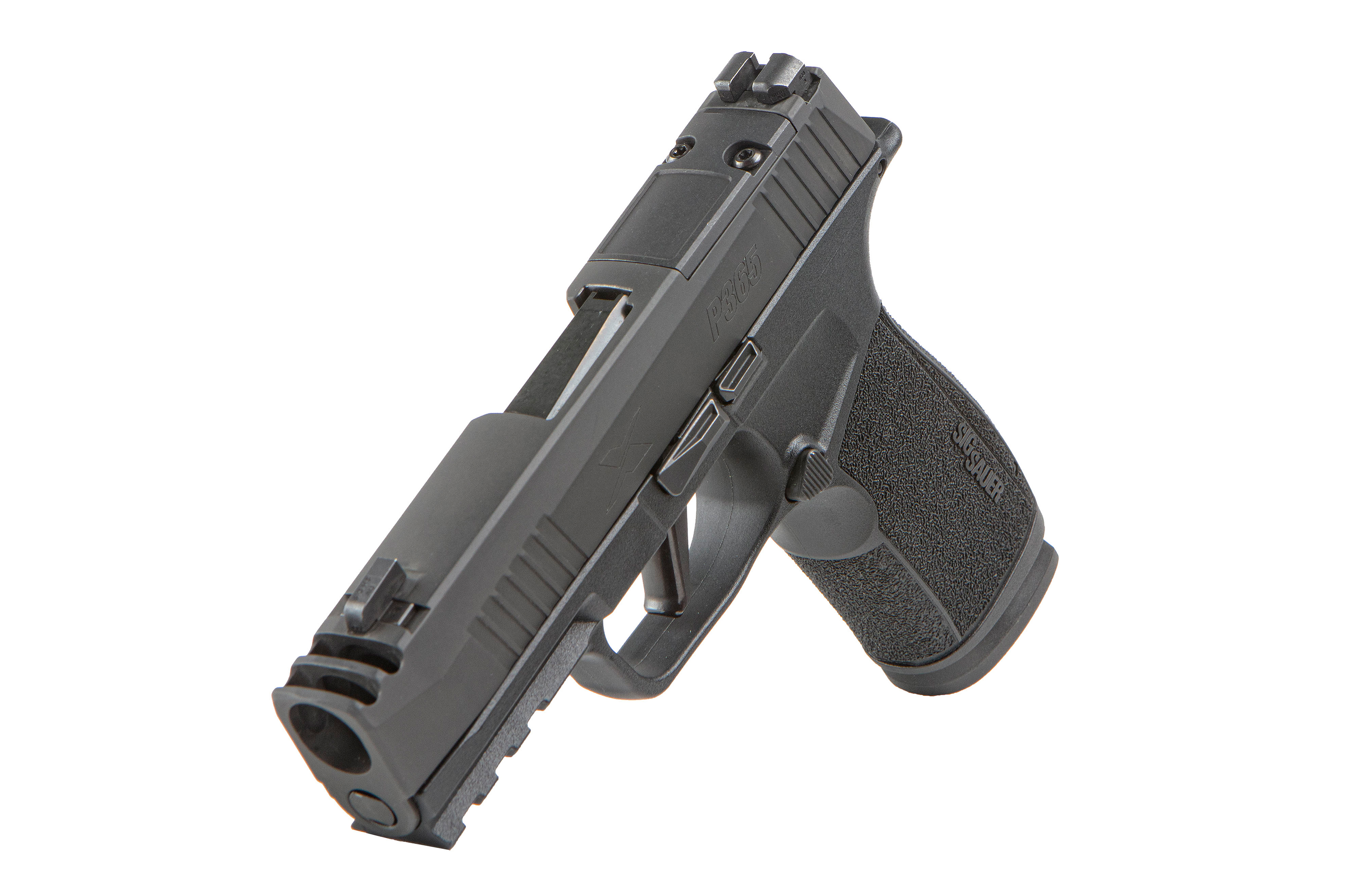 Sig Sauer P320 Luftpistole mit schwarzem Polymerrahmen und strukturiertem Griff für verbesserte Handhabung.