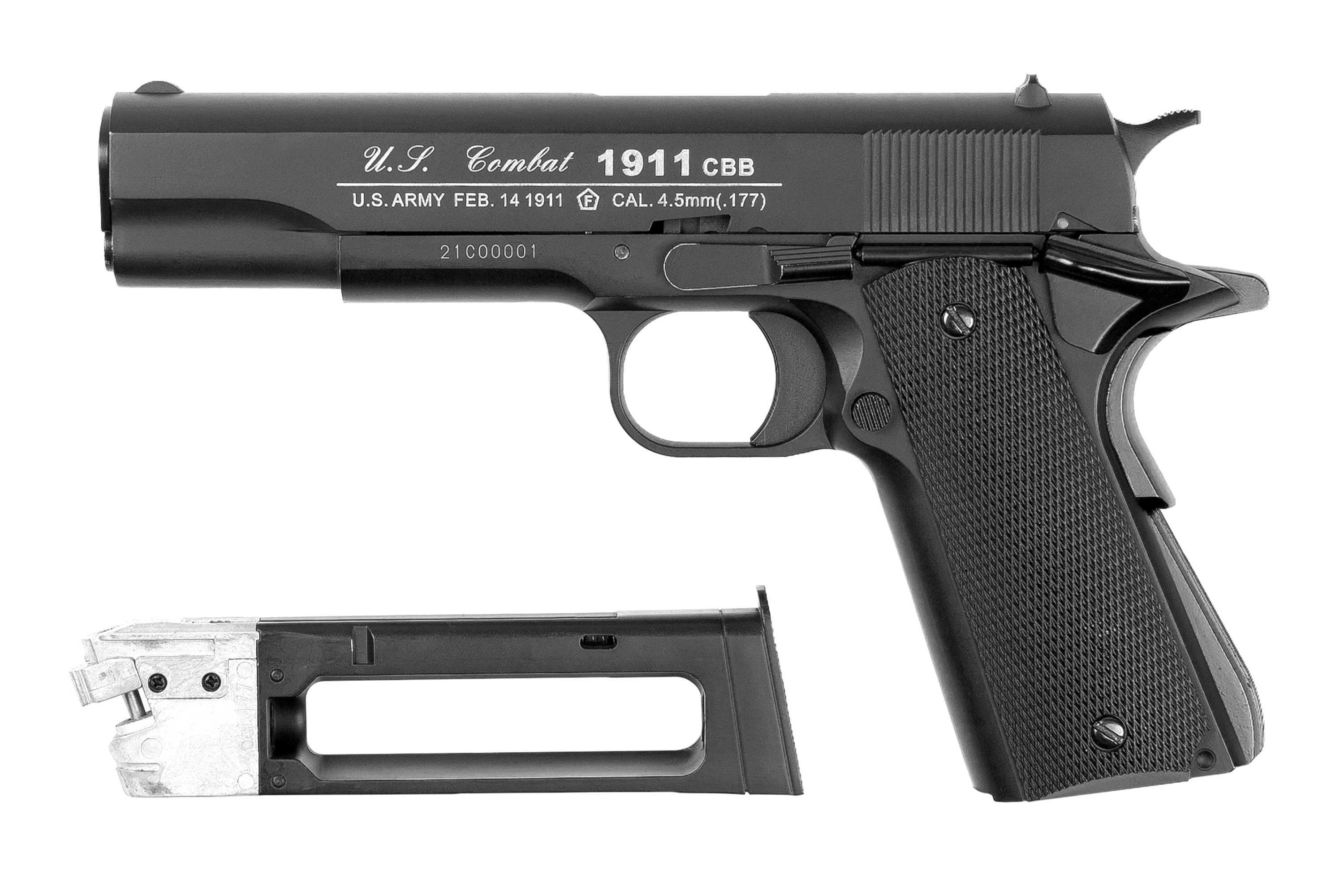 U.S. Combat 1911 CBB Luftpistole in Schwarz mit abnehmbarem Magazin, Kaliber 4,5 mm (.177), detailliertes Design.
