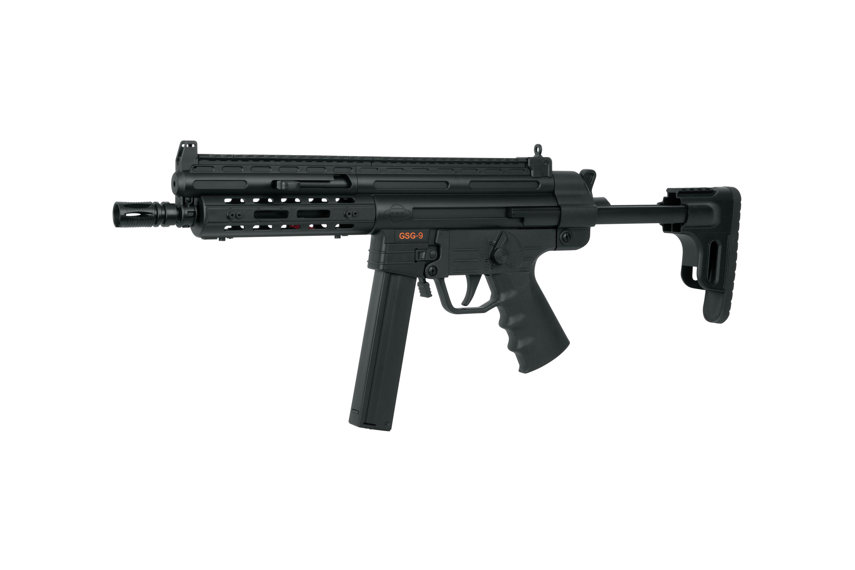 GSG-9 Luftgewehr in Schwarz mit verstellbarem Schaft und taktischer Schiene für Zubehör.