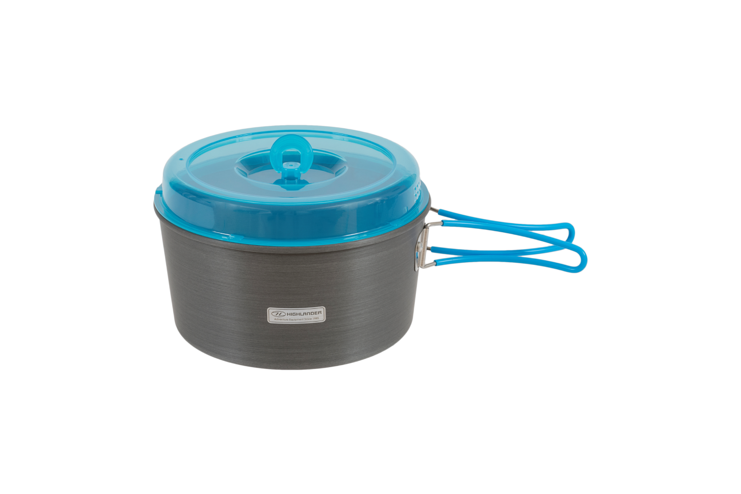 Highlander Campingtopf in Grau mit blauem Deckel und klappbaren blauen Griffen, ideal zum Kochen im Freien und für Ausrüstungssets.