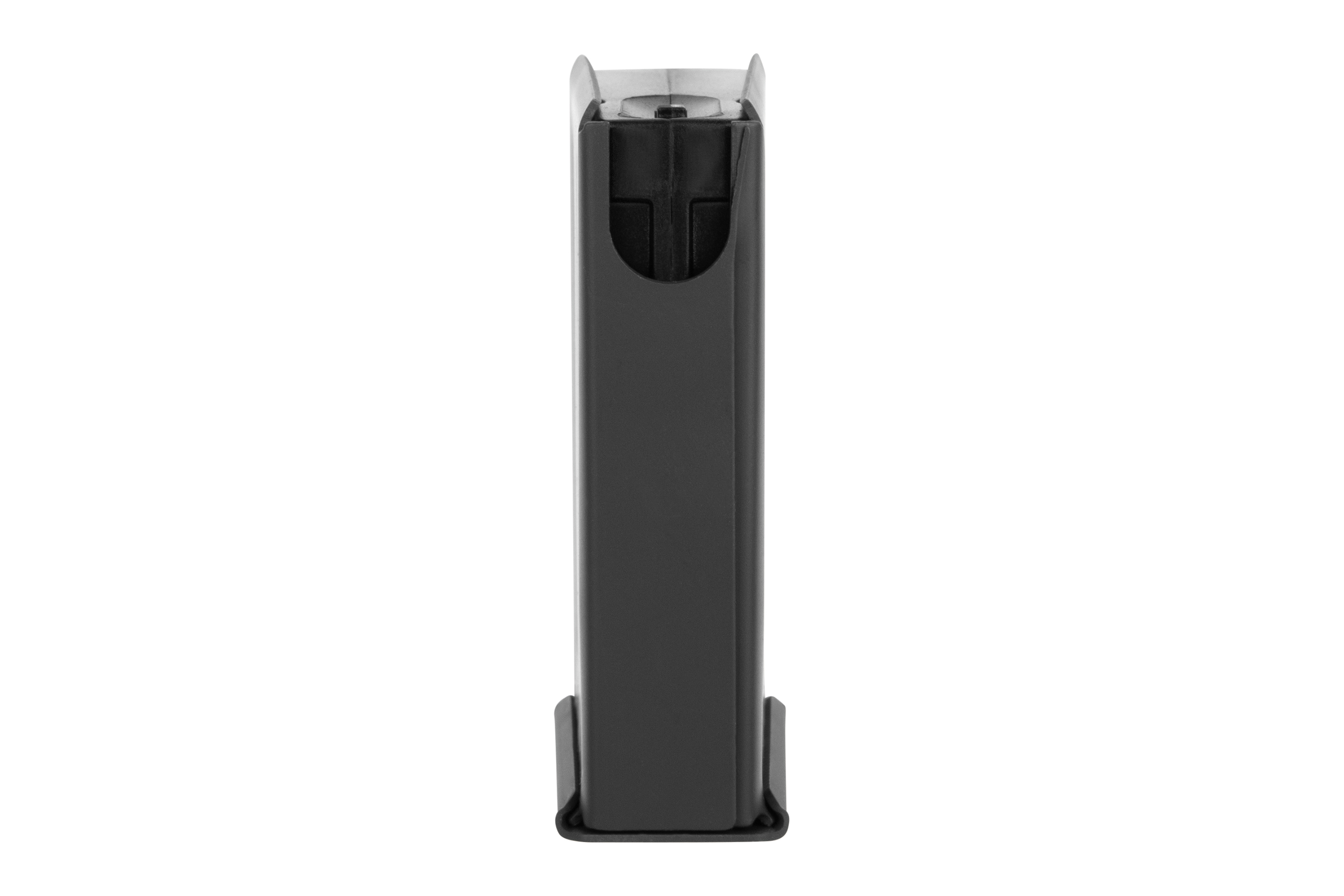 Ein Luftpistolenmagazin aus schwarzem Metall, von vorne dargestellt, mit rechteckigem Design und flacher Grundplatte.