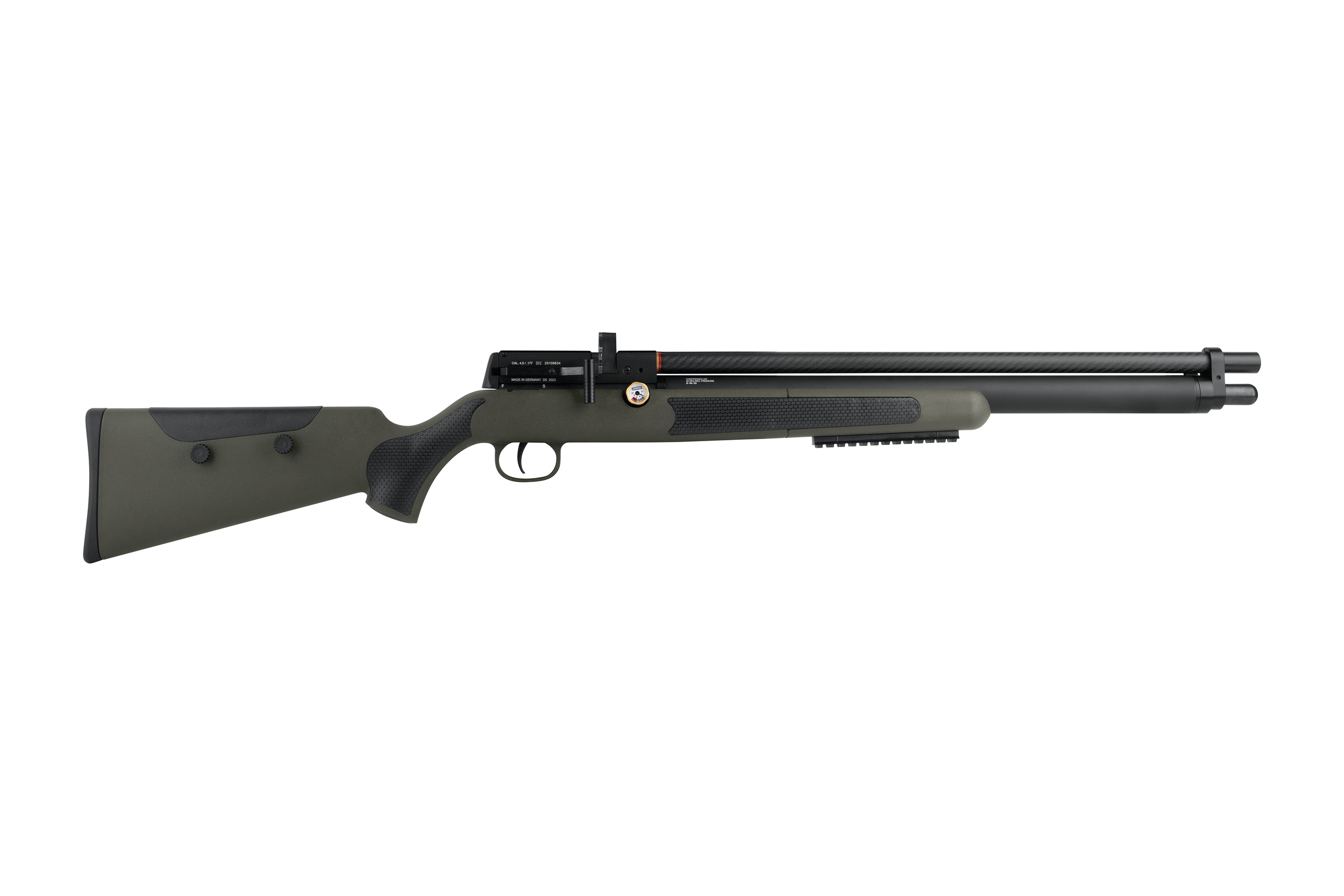 Walther Reign M2 Luftgewehr in Olivgrün mit schwarzem Lauf, strukturiertem Griff und integriertem Zubehörschienensystem.