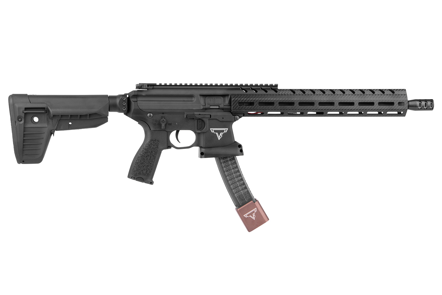Schwarzes Taran Tactical Innovations PCC-Luftgewehr mit Handschutz aus Kohlefaser, verstellbarem Schaft und Magazin.