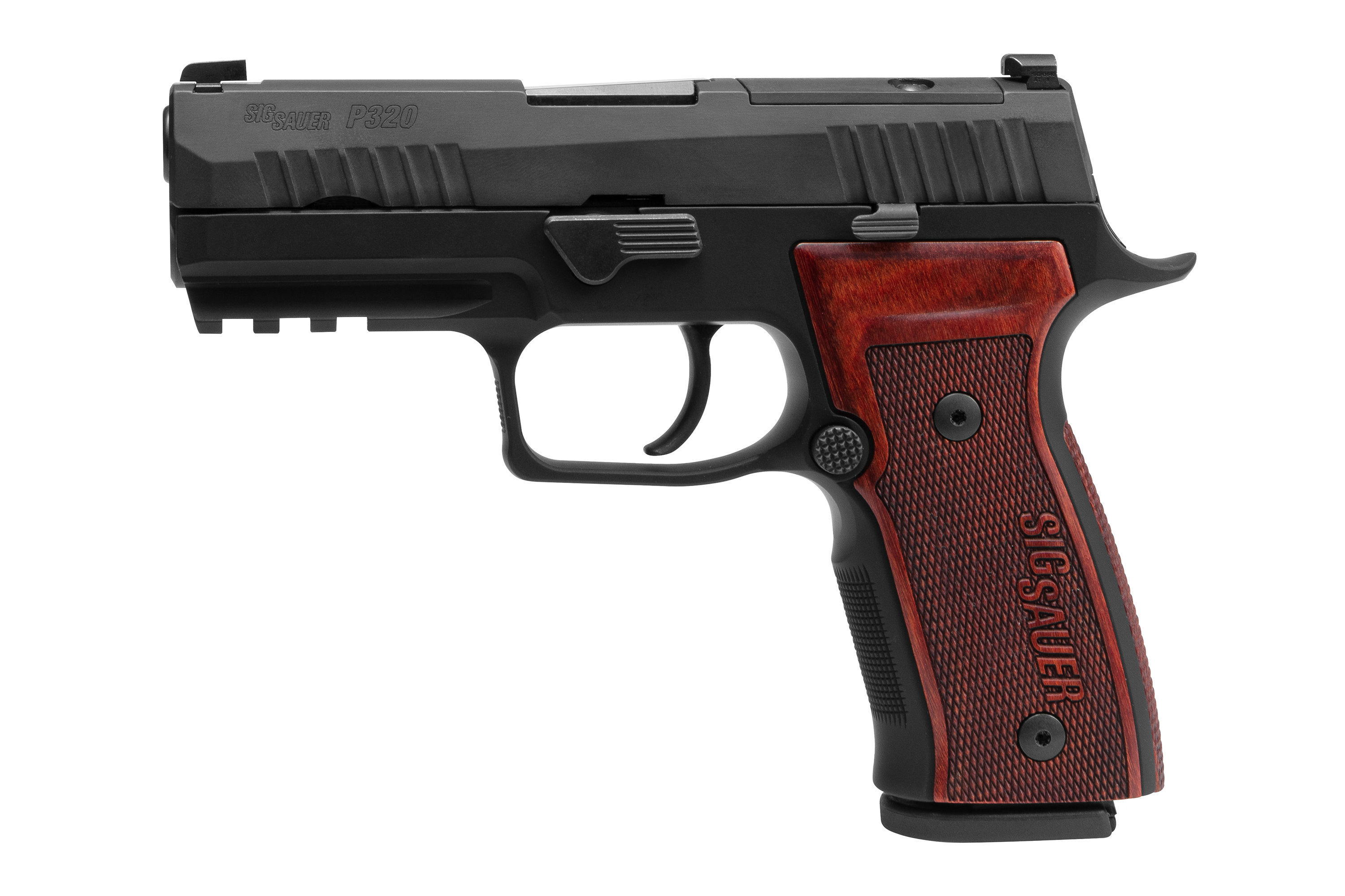 SIG Sauer P320 Luftpistole mit schwarzem Metallrahmen und Holzgriff, ideal für Schusswaffenliebhaber.